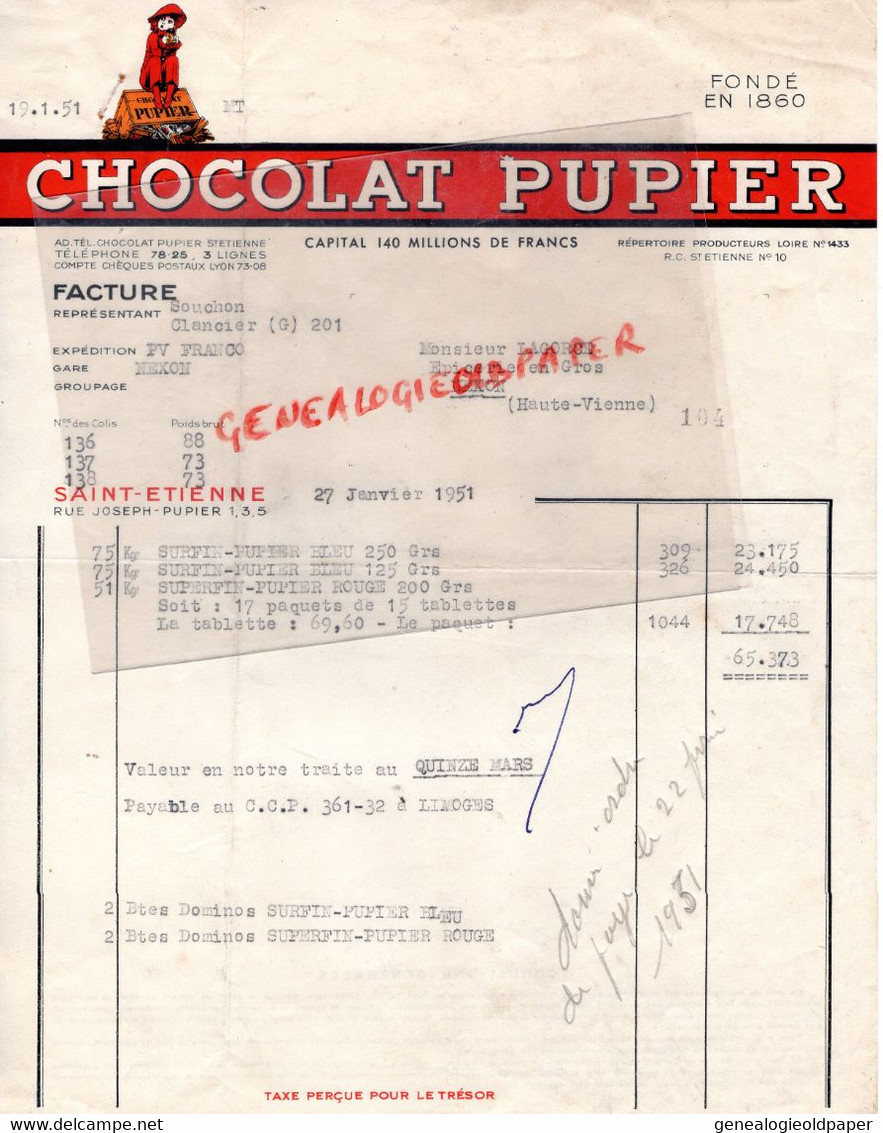 42 - ST ETIENNE- SAINT ETIENNE - FACTURE CHOCOLAT PUPIER - 19517-  1- RUE JOSEPH PUPIER- M. LAGORCE EPICERIE A NEXON 87 - Lebensmittel