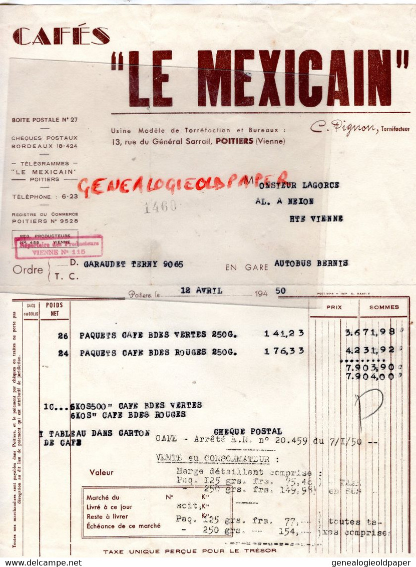 86-  POITIERS- FACTURE CAFES CAFE LE MEXICAIN- C. PIGNON TORREFACTEUR- 13 RUE GENERAL SARRAIL- LAGORCE A NEXON 87-1950 - Food