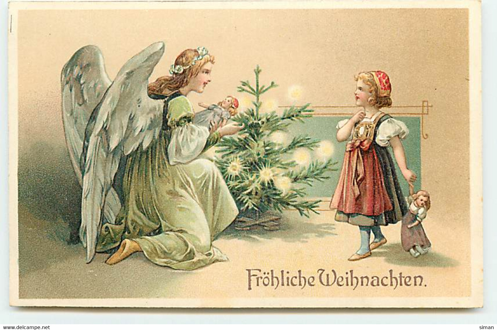 N°21466 - Carte Gaufrée - Fröhliche Weihnachten - Fillette Près D'un Ange Gardien Déposant Une Poupée Près D'un Sapin - Altri & Non Classificati