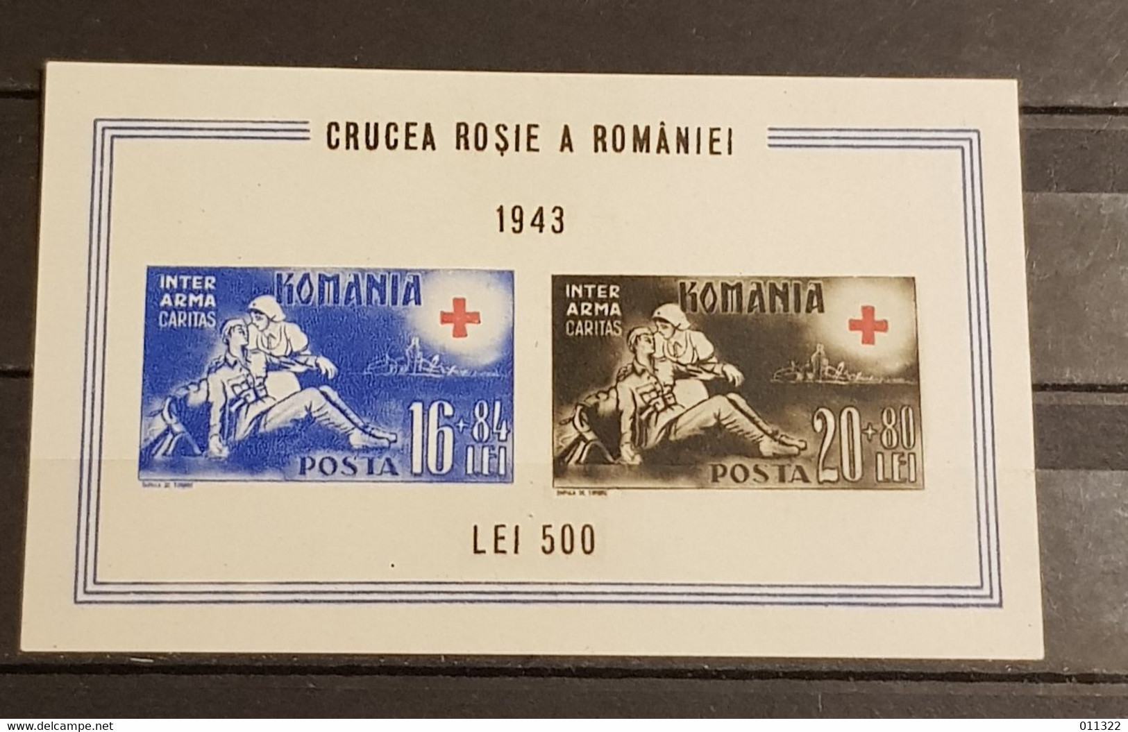 ROMÂNIA RED CROSS 1943 BLOCK  IMPERFORED FILIGRAN  LYING DOWN AND VAL 20+80 LEI BLACK MOVED ERROR RRR NO GUM - Plaatfouten En Curiosa