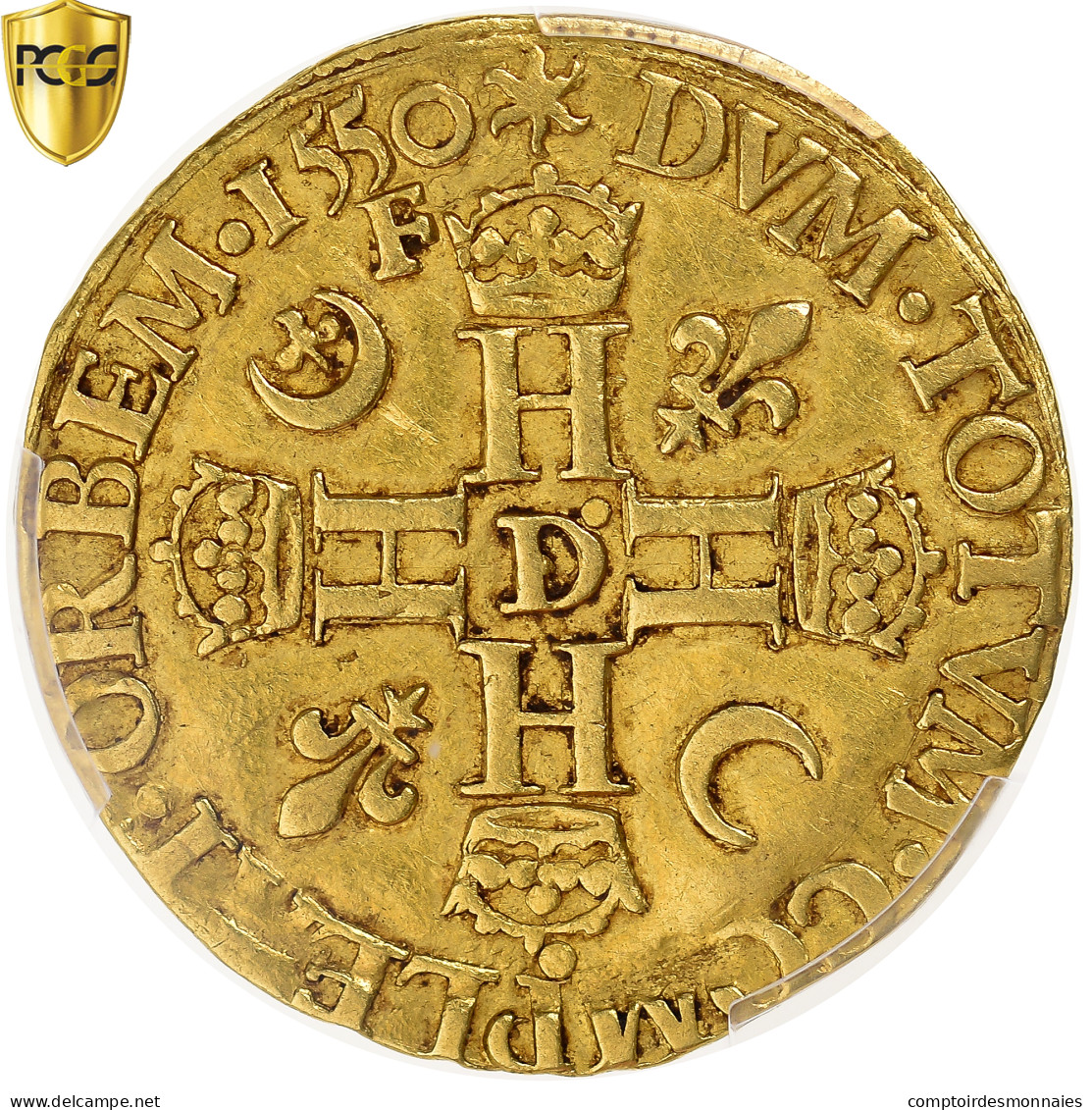 France, Henri II, Henri D'or, 1550, Lyon, Or, PCGS, AU53, Gadoury:389C - 1547-1559 Enrique II