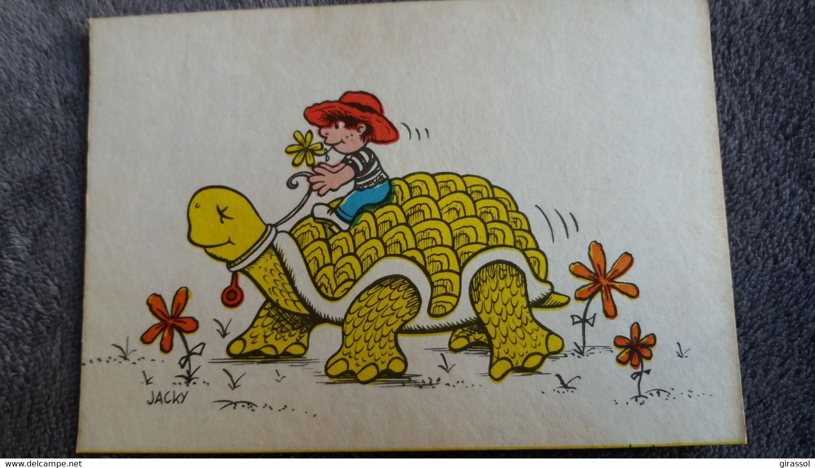 CPSM TORTUE FLEURS PETIT GARCON SUR SA CRAPACE  DESSIN ILLUSTRATEUR  JACKY HUMOUR AUTOCOLLANT - Schildpadden