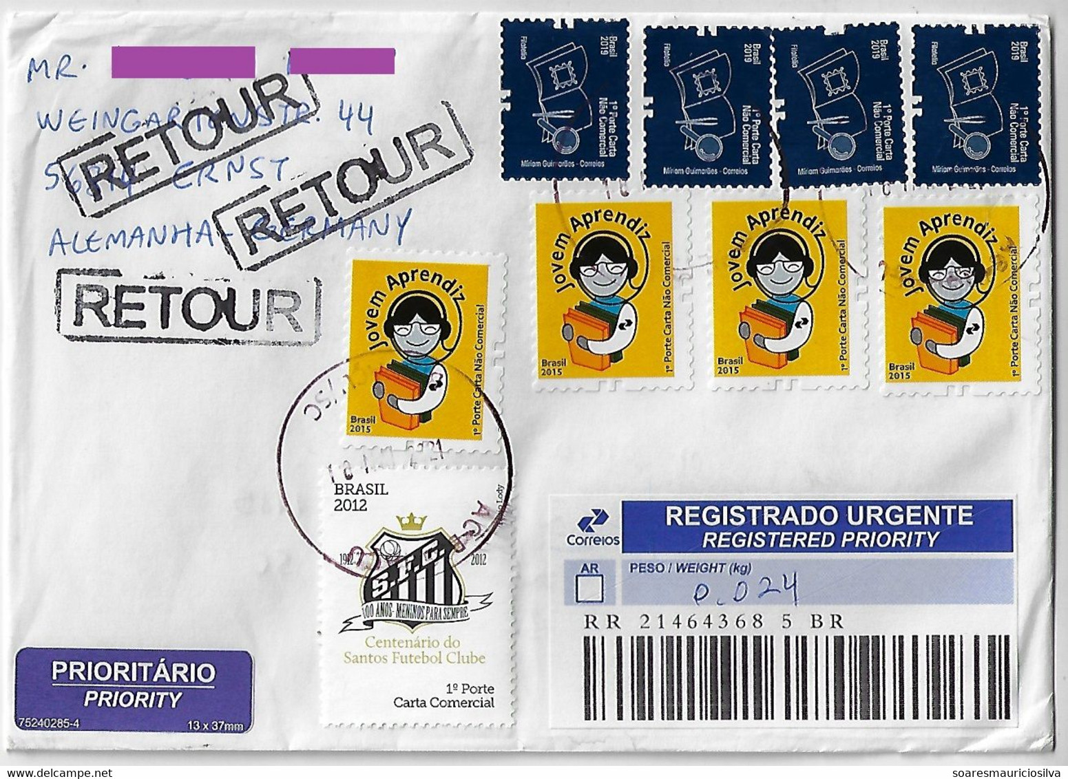 Brazil 2021 Priority Barcode Registered Cover From Biguaçu To Ernst Germany Returned To Sender Santos Soccer Club - Storia Postale