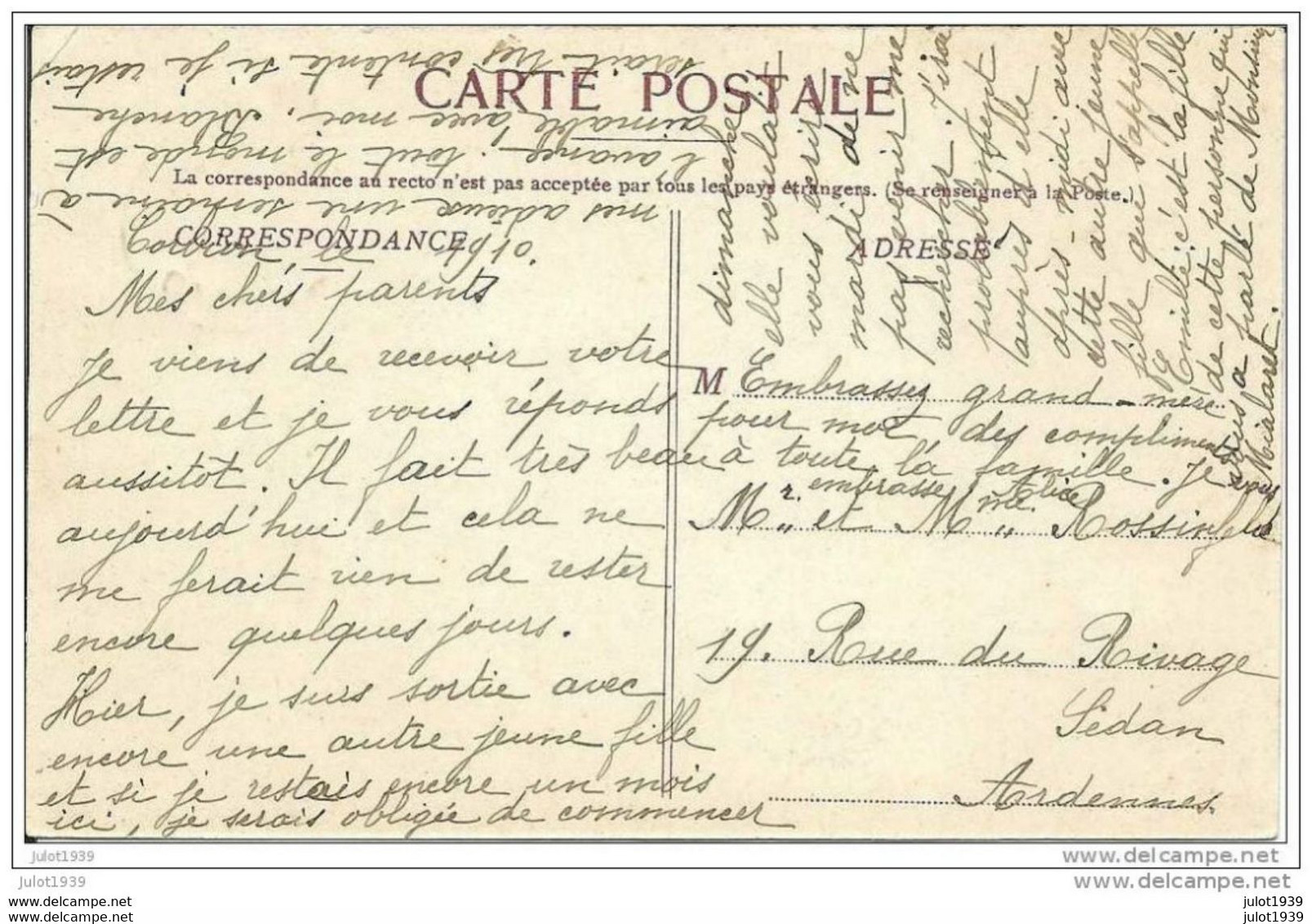 ABBAYE De CORDEMOIS ..-- BOUILLON ..-- Abbaye Pères Trappistes . 1910 Vers SEDAN ( Mr Mme ROSSINFELD ) . Voir Verso . - Bouillon