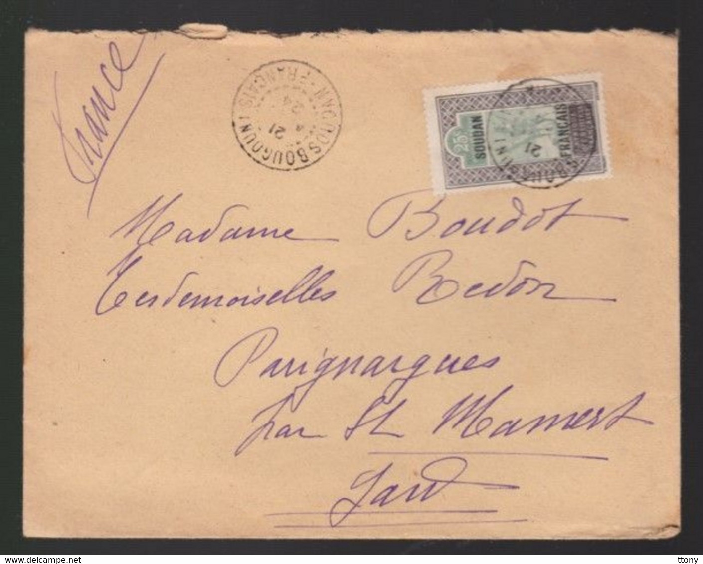 1 Timbre Soudan Français  Année 1921  Destination Parignargues    Gard - Cartas & Documentos
