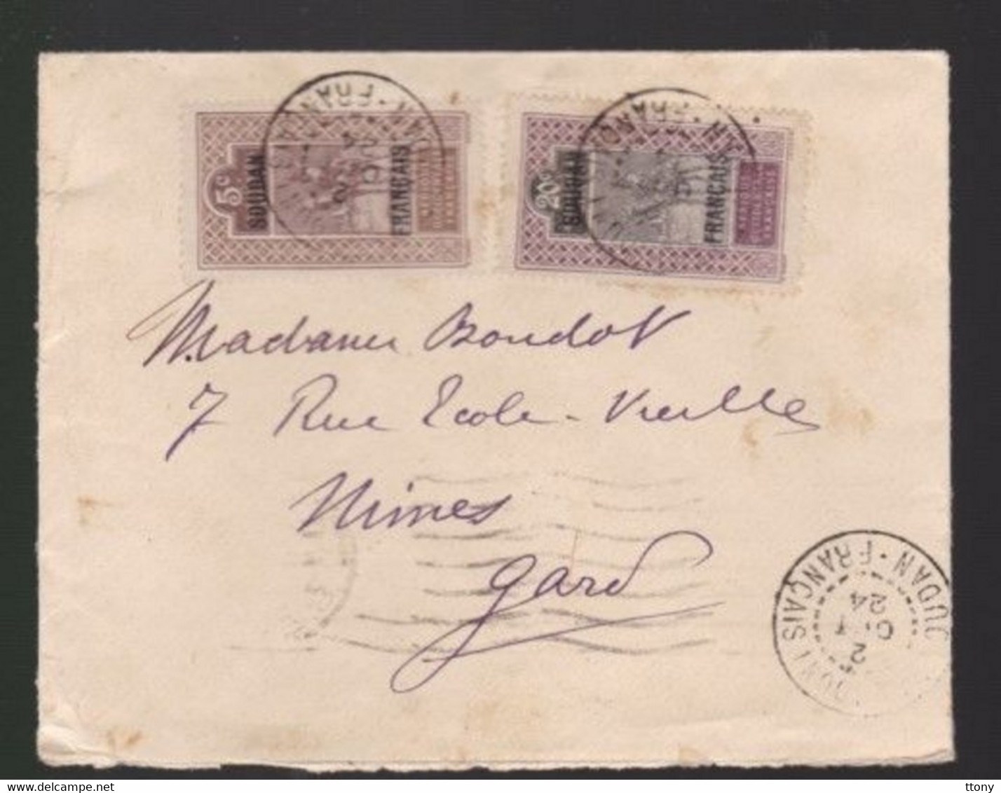 2  Timbres  Soudan Français   20 C Et 5 C   Année 1924  Destination  Nîmes    Gard - Brieven En Documenten