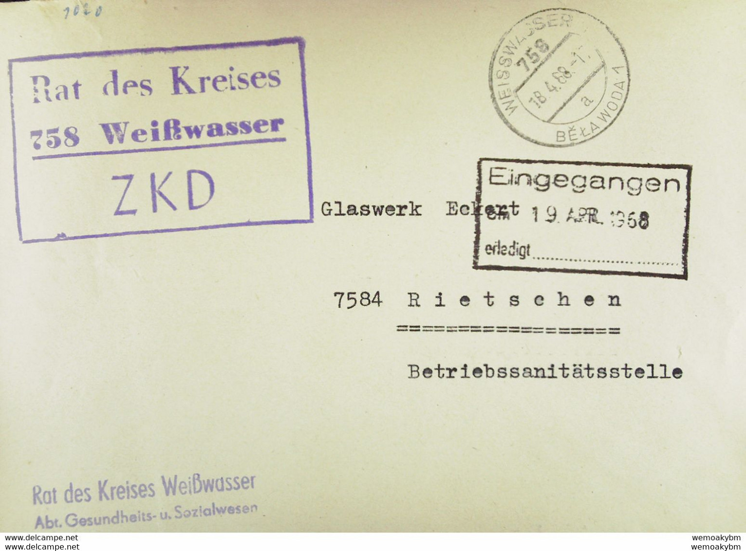 Fern-Brief Mit ZKD-Kastenstempel "Rat Des Kreises 758 Weißwasser" Vom 18.4.68 An Glaswerk Rietschen Mit Schw. Eing-Stpl. - Zentraler Kurierdienst