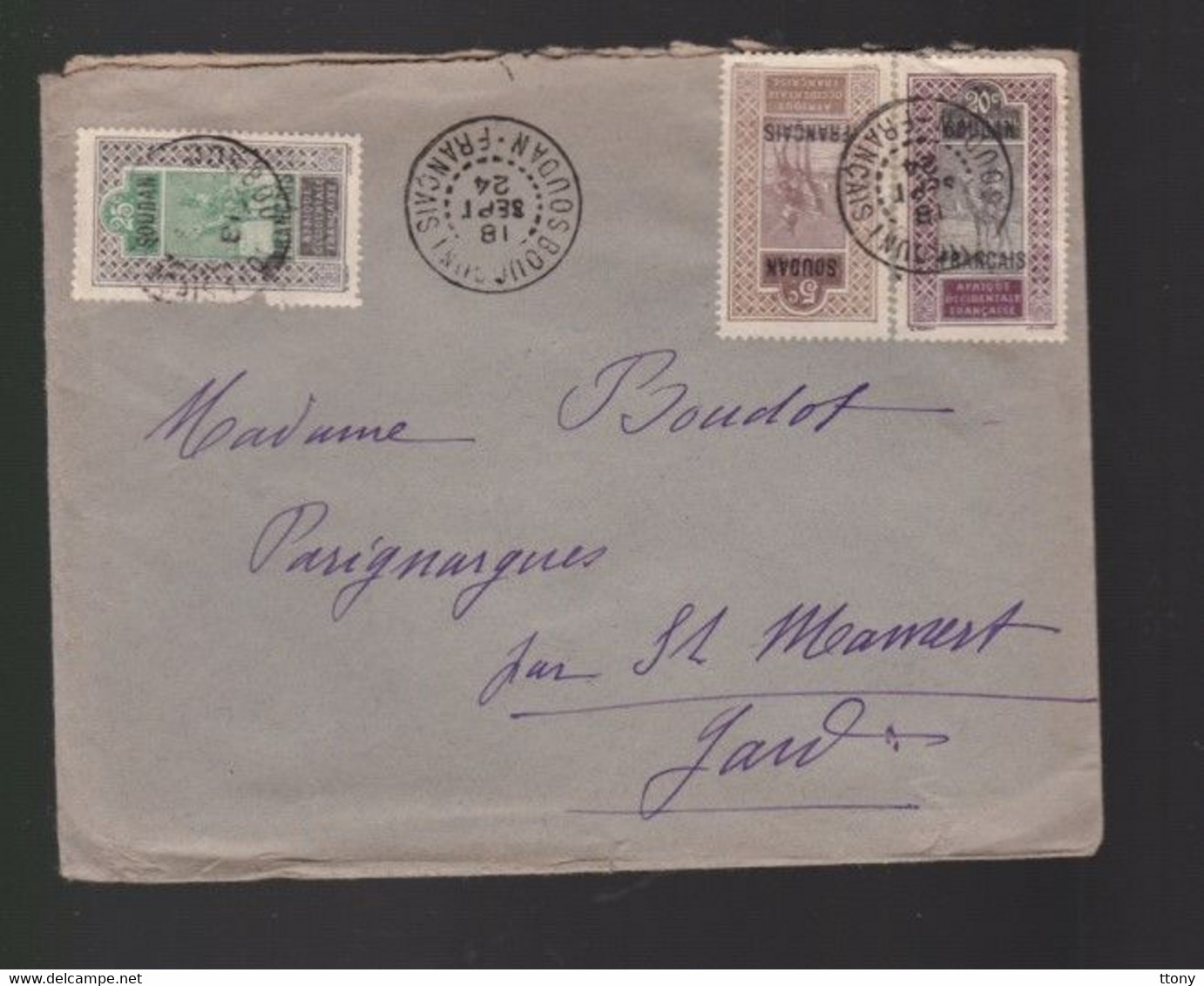 3  Timbres  Soudan Français    25 C  20 C Et 5 C   Année 1924  Destination   Parignargues     Gard - Brieven En Documenten