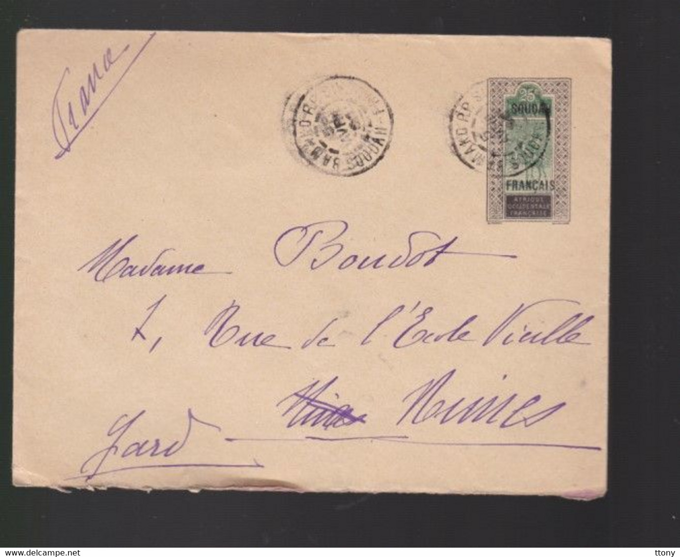 1  Timbres Soudan Français     25 C   Année 1924  Destination   Nîmes      Gard - Brieven En Documenten