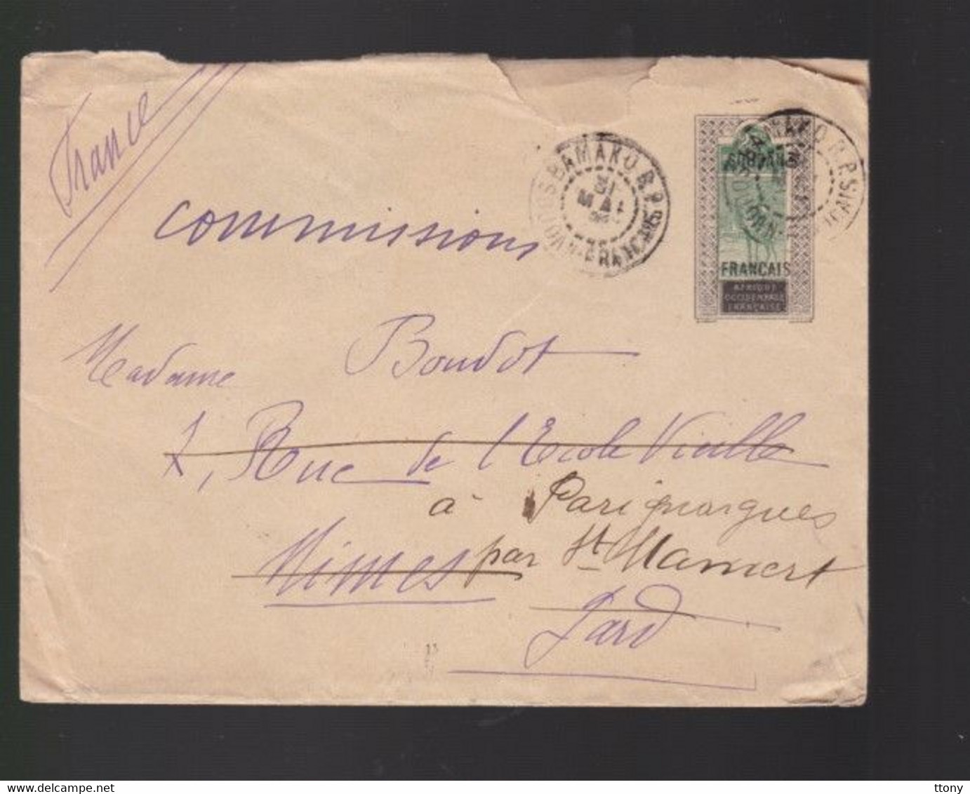 1  Timbres Soudan Français     25 C   Année 1924  Destination   Nîmes      Gard - Covers & Documents