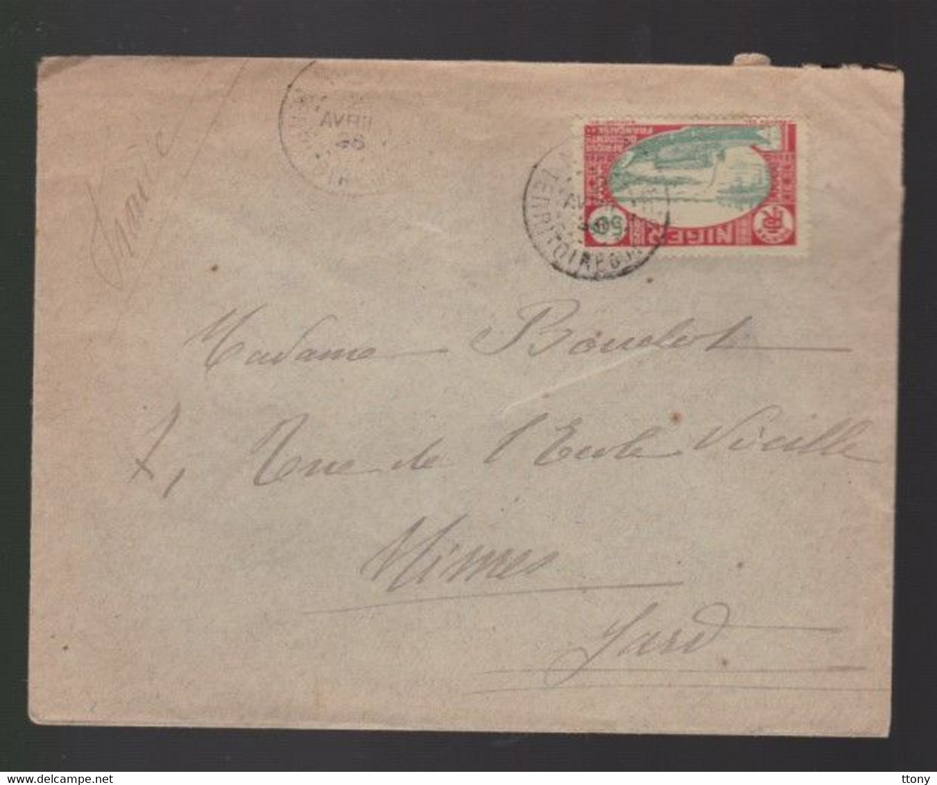 Un Timbre  50c Sur Enveloppe    Niamey   Territoire Du Niger Année 1927   Destination  Nîmes Gard - Storia Postale