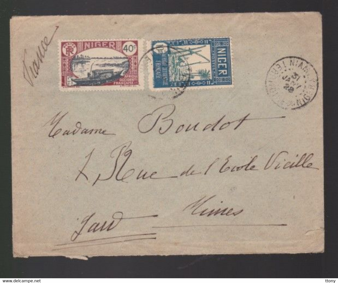 2  Timbres  10 C  40 C  Sur Enveloppe    Niamey   Territoire Du Niger Année 1928   Destination  Nîmes Gard - Storia Postale