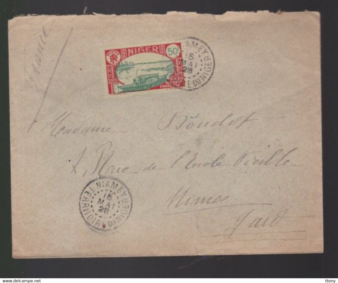 1  Timbre    50 C  Sur Enveloppe    Niamey   Territoire Du Niger Année 1928   Destination  Nîmes Gard - Lettres & Documents