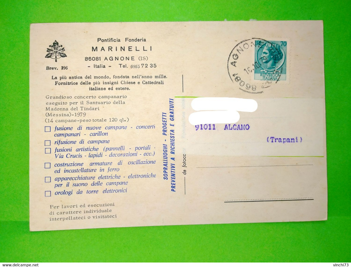 ! - ITALIA -CARTOLINA PUBBLICITARIA  FONDERIA MARINELLI 1979 - Isernia
