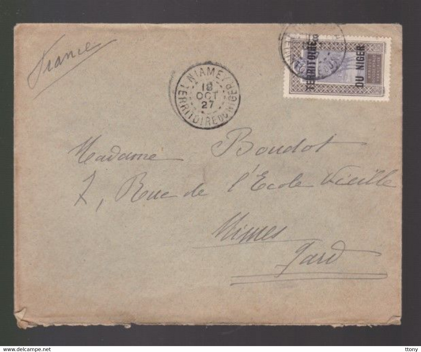 1 Timbre   50 C  Sur Enveloppe    Territoire Du Niger Année 1927   Destination  Nîmes Gard - Storia Postale