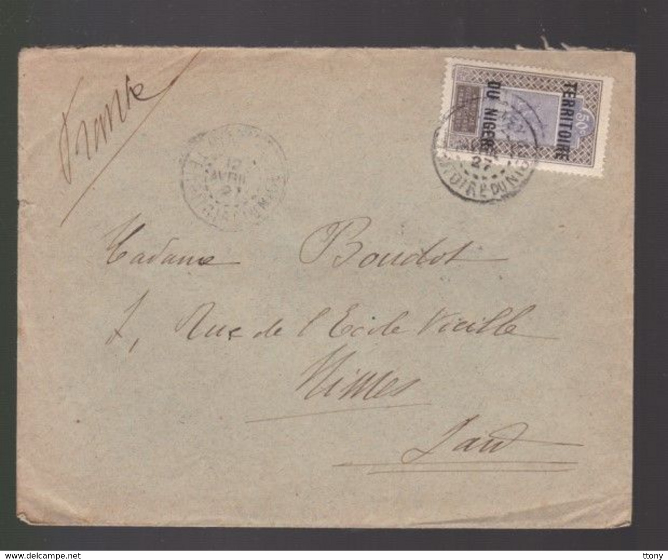 1 Timbre   50 C  Sur Enveloppe    Territoire Du Niger Année 1927   Destination  Nîmes Gard - Lettres & Documents