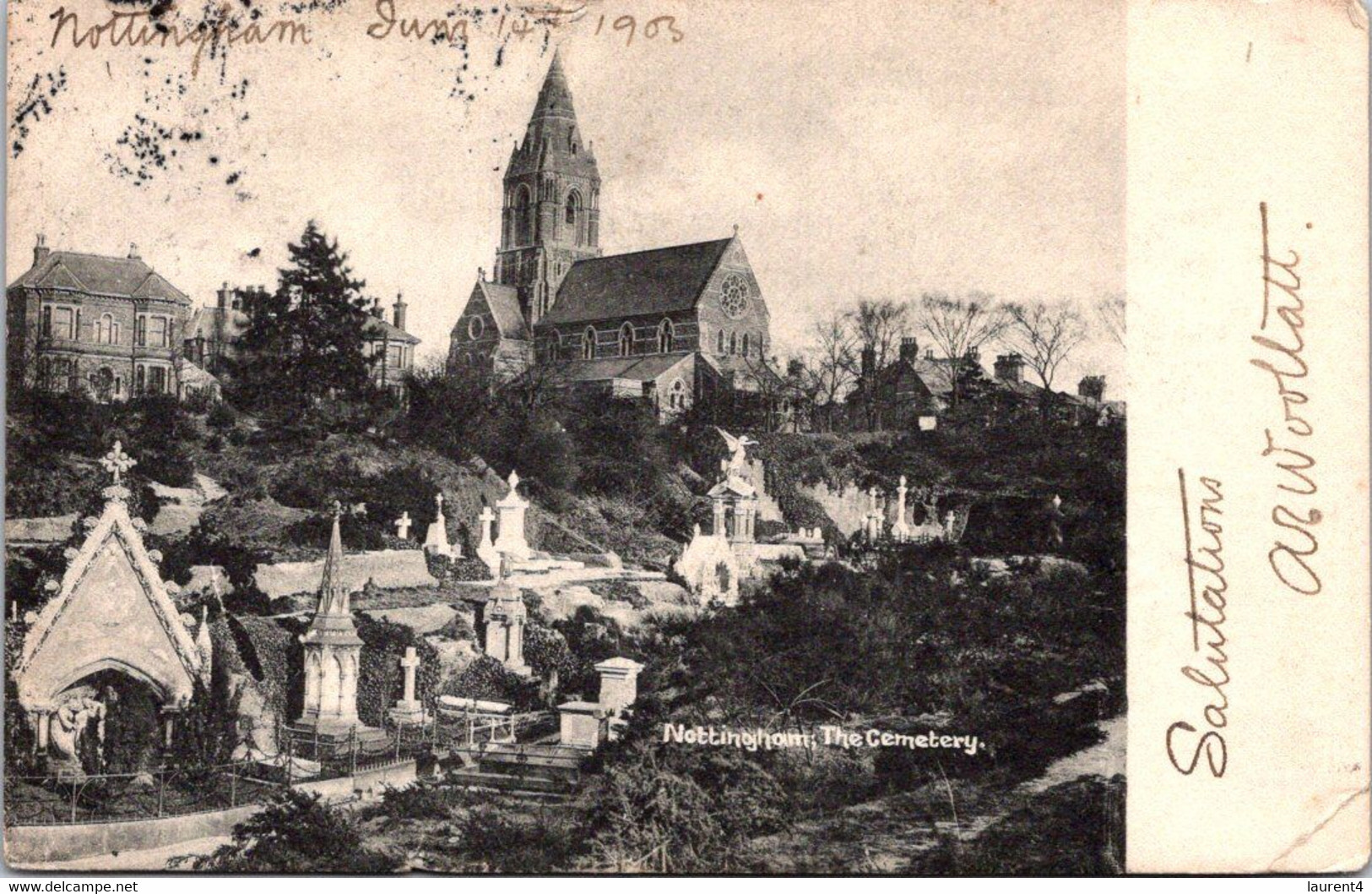 (4 M 6) VERY OLD - UK Posted To FRANCE (b/w)  Posted 1903  - Notthingham Cemetery - Nottingham