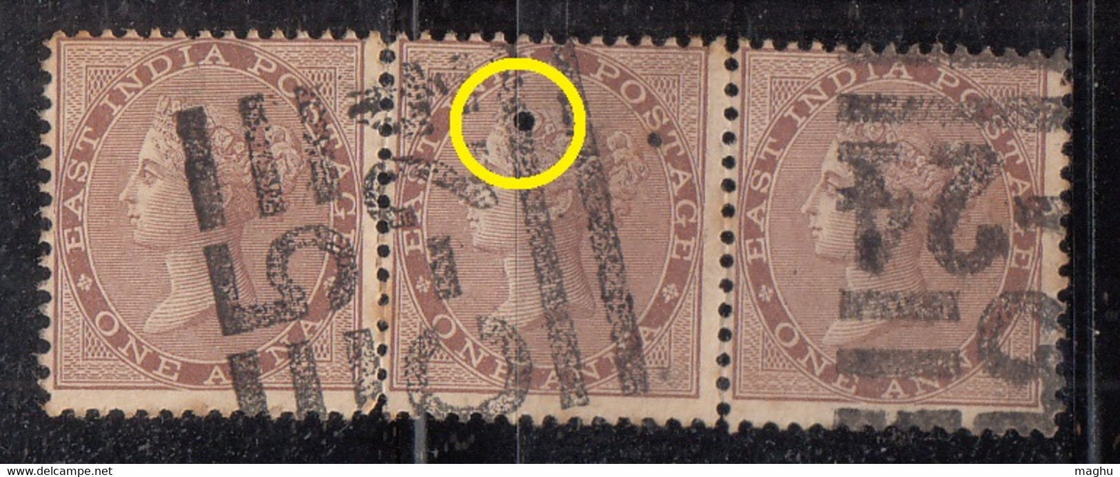 Strip Of 3, Strike Of JC 32c / Martin 17a On SG42  British East India, QV One Anna, Used, No Water Mark 1856 (Pin Hole - 1854 Compagnia Inglese Delle Indie