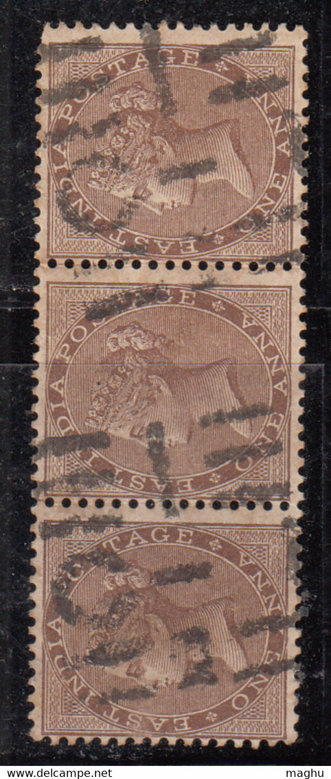 Strip Of 3, Strike Of JC 32c / Martin 17a On SG59  British East India, QV One Anna, Used,  Elephant Watermark 1865 - 1854 East India Company Administration