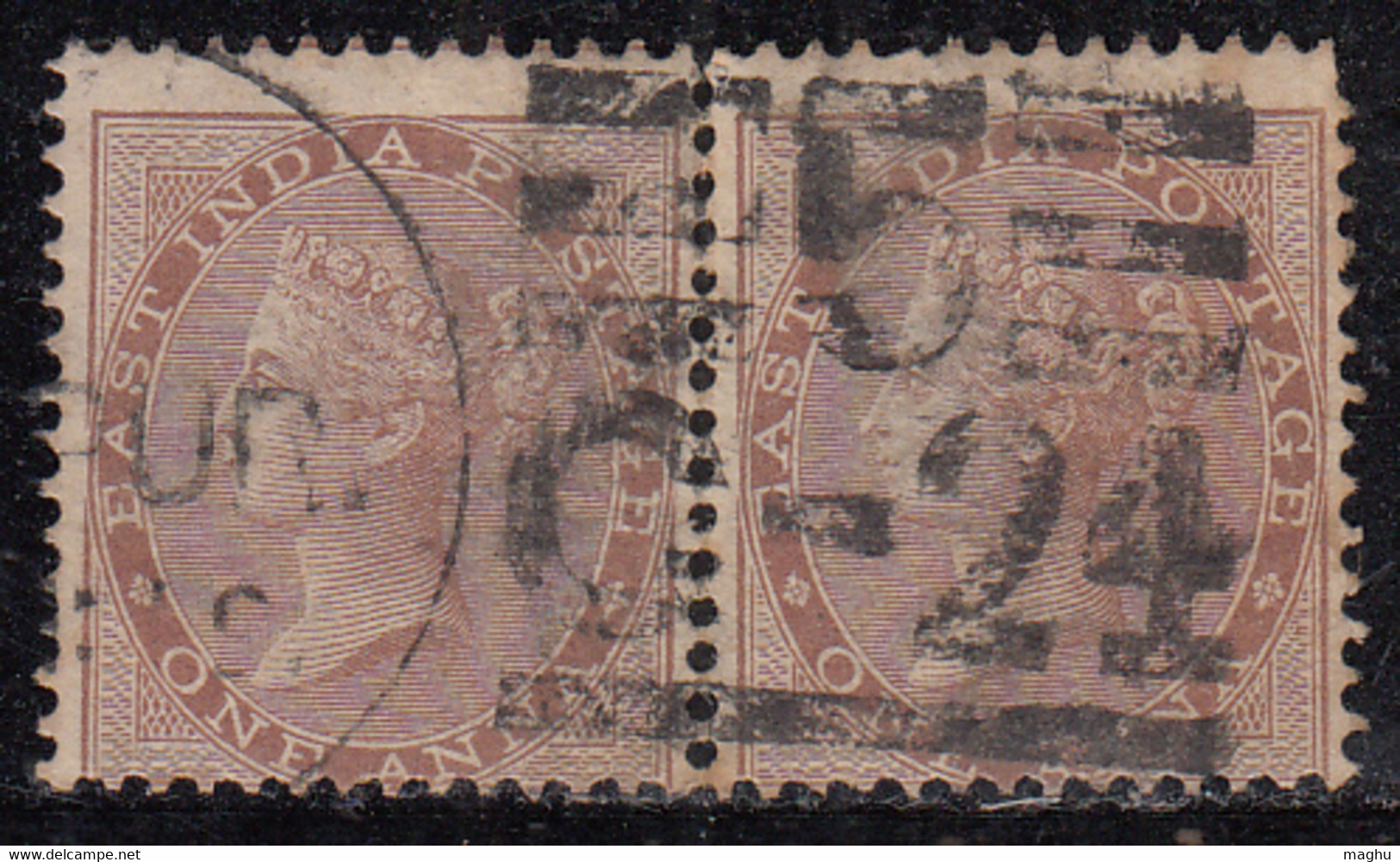 1a Pair, Strike Of JC 32c / Martin 17a On SG58  British East India, QV One Anna, Used, Elephant Watermark 1865 - 1854 Britische Indien-Kompanie