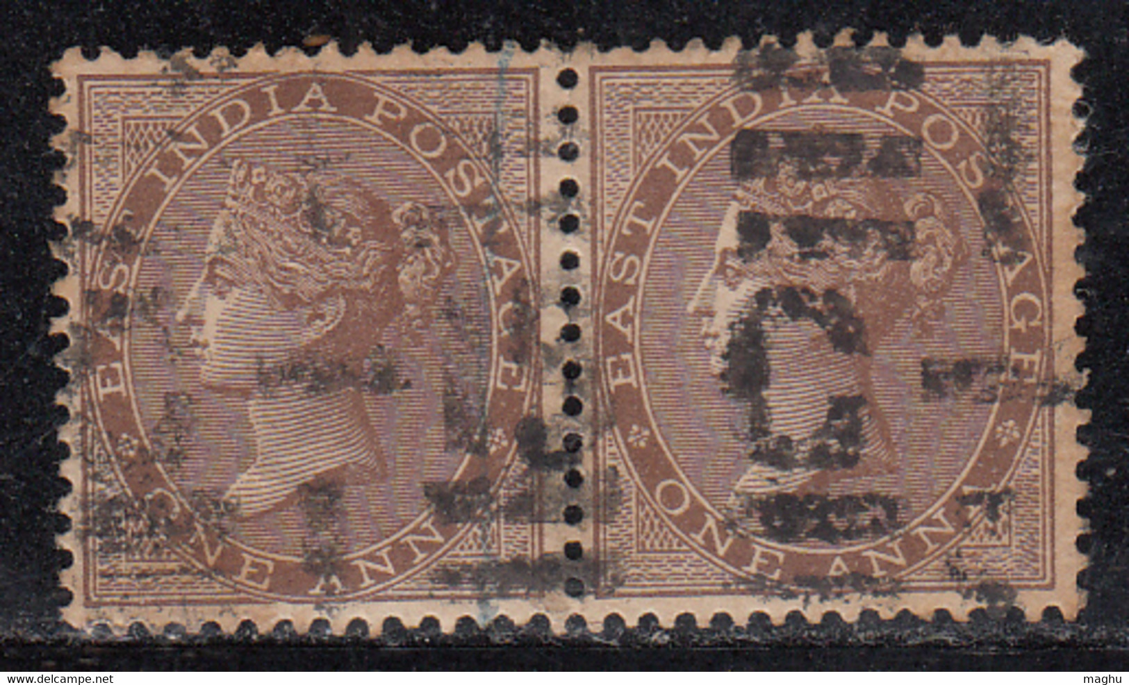 1a Pair, Strike Of JC 32c / Martin 17a On SG59  British East India, QV One Anna, Used, Elephant Watermark 1865 - 1854 East India Company Administration