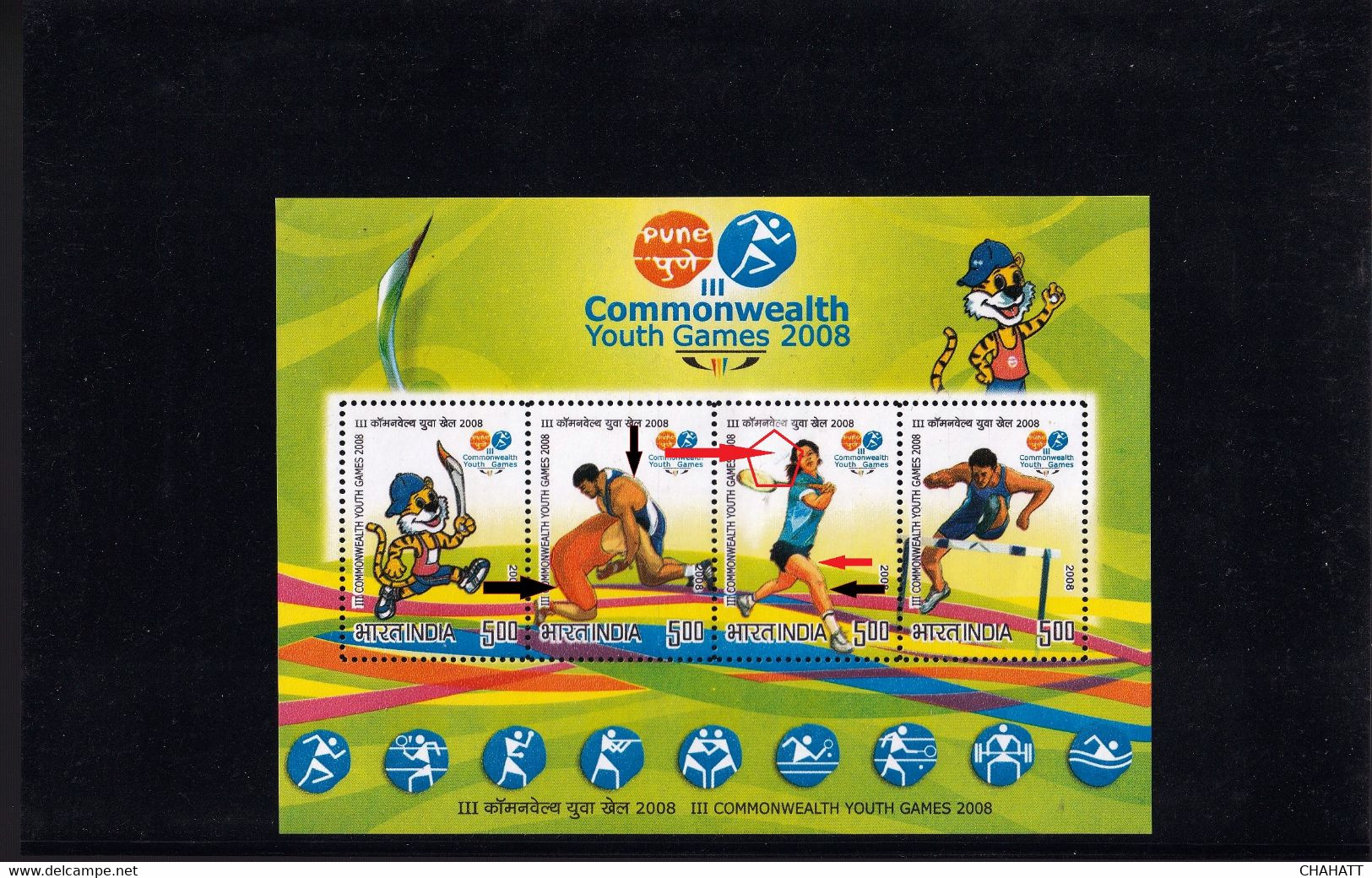 BADMINTON-HURDLES-WRESTLING-COMMONWEALTH GAMES-SHUTTLE COCK MISSING-RARE-MS- INDIA-2008-MNH-MSE-126 - Badminton