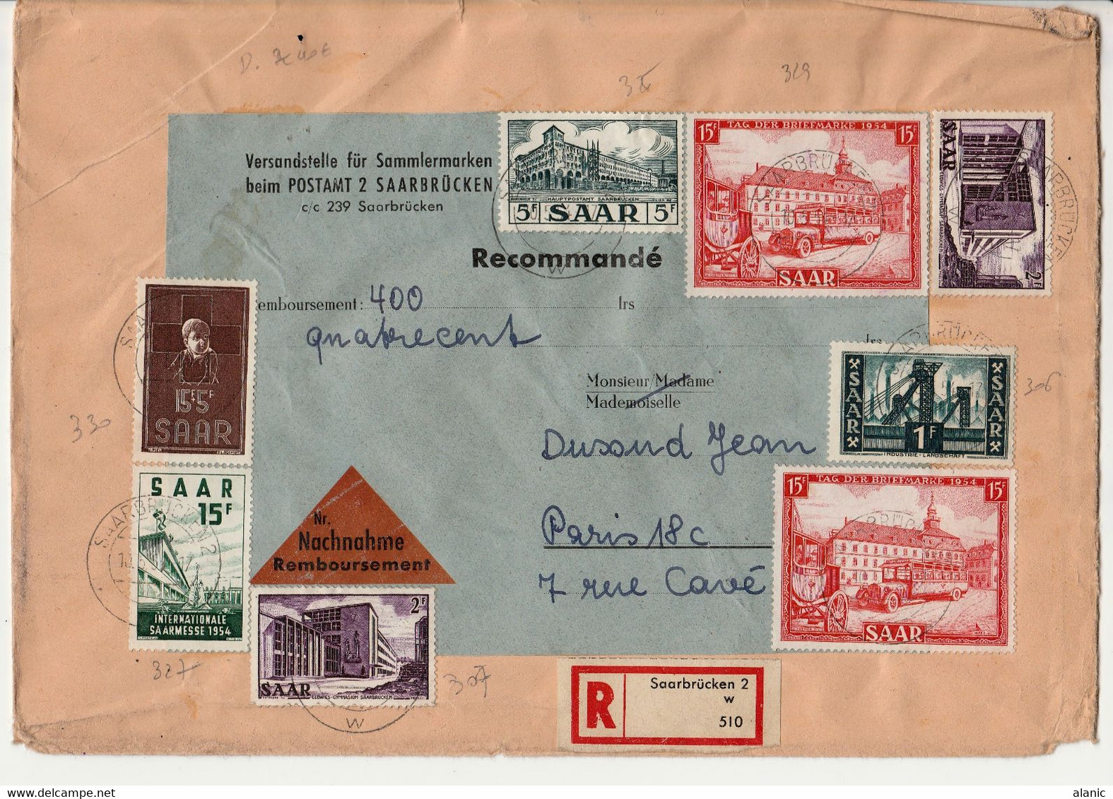 SARRE Sur LR  SARREBRUCKEN  Pour PARIS 18e   1951 N°306+307'x2)+326+327+329(x2)+330(Voir Descriptif) - Lettres & Documents