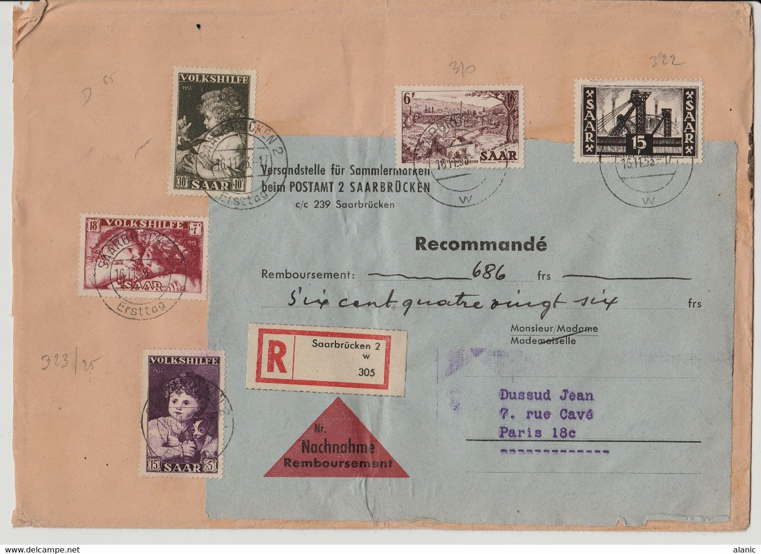 SARRE Sur LR  SARREBRUCKEN  Pour PARIS 18e   1953 N°323/25 +310+322(Voir Descriptif) - Brieven En Documenten