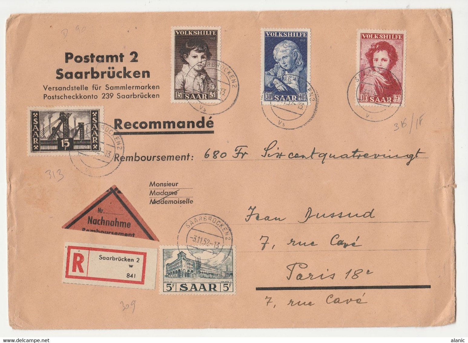 SARRE Sur LR  SARREBRUCKEN  Pour PARIS 18e   1952 N°309+313+316/318  Voir Descriptif) - Storia Postale