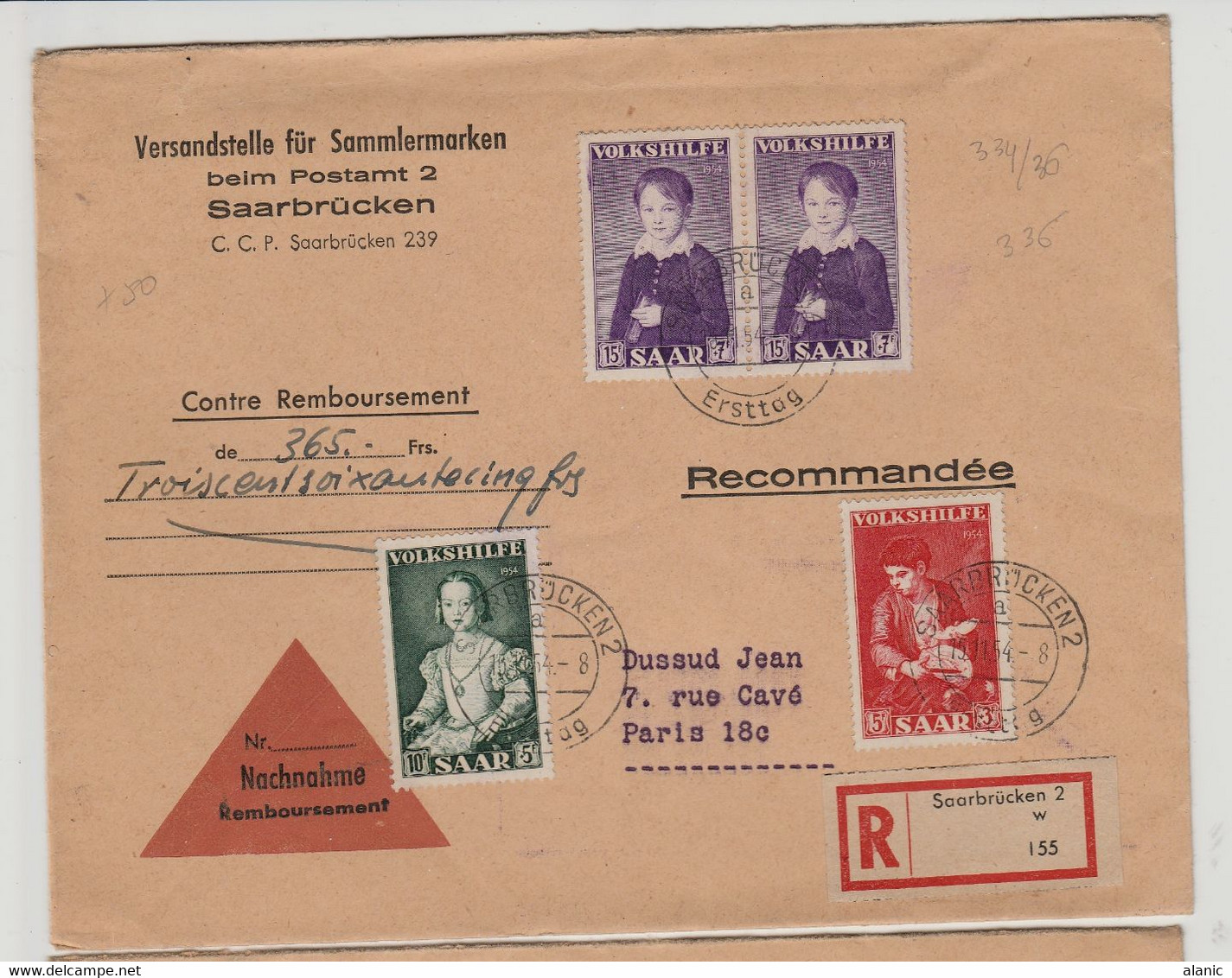 SARRE Sur LR  SARREBRUCKEN  Pour PARIS 18e   1954 N°334/36(X2)Voir Descriptif) - Storia Postale