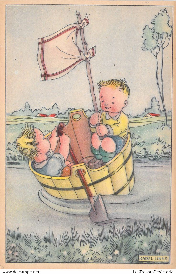 CPA - ILLUSTRATEUR SIGNE - KAREL LINKS - Duo D'enfants Dans Un Tonneau En Guise De Barque - Links, K.L.