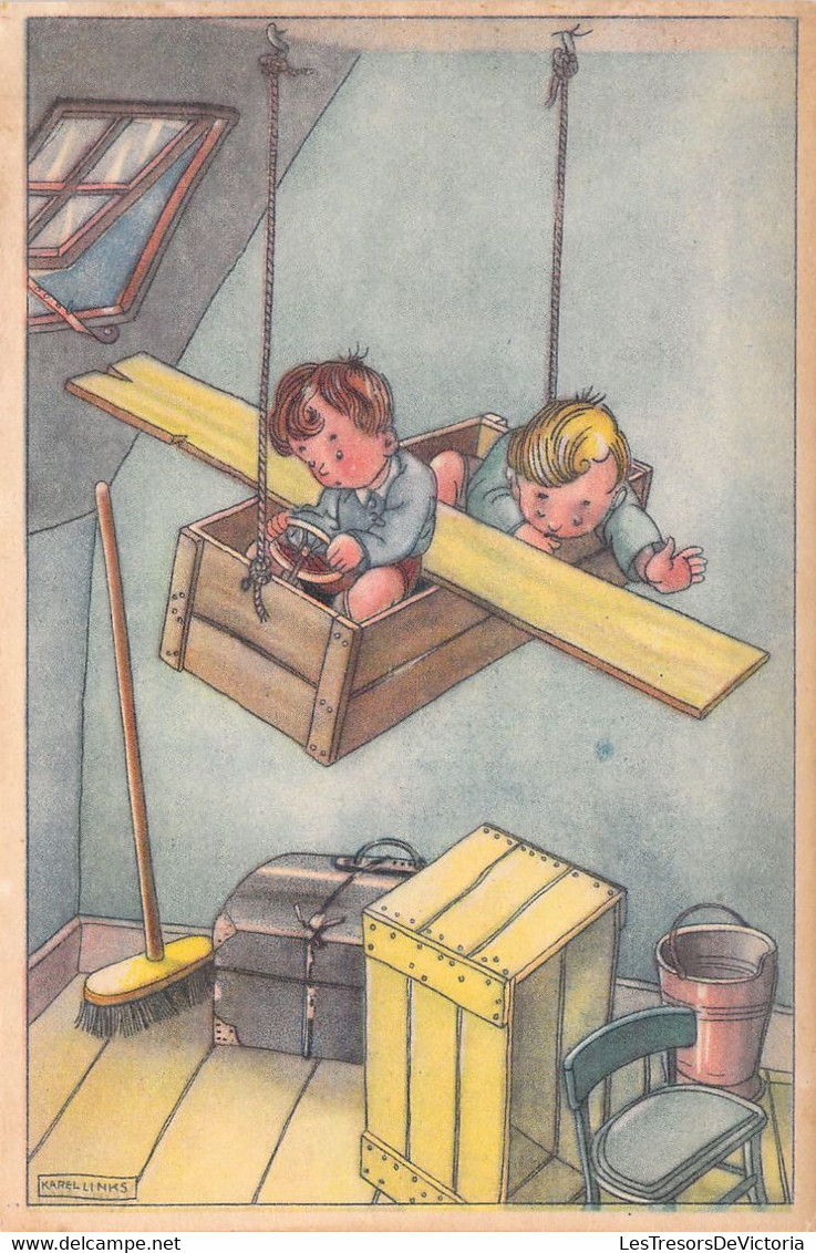 CPA - ILLUSTRATEUR SIGNE - KAREL LINKS - Duo D'enfants Dans Un Avion De Fortune - Links, K.L.