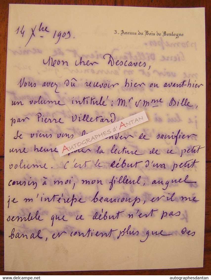 ● L.A.S 1909 Gustave CHARPENTIER Compositeur à Lucien DESCAVES Ecrivain - VILLETARD Goncourt Dieuze Lettre Autographe - Zangers & Muzikanten