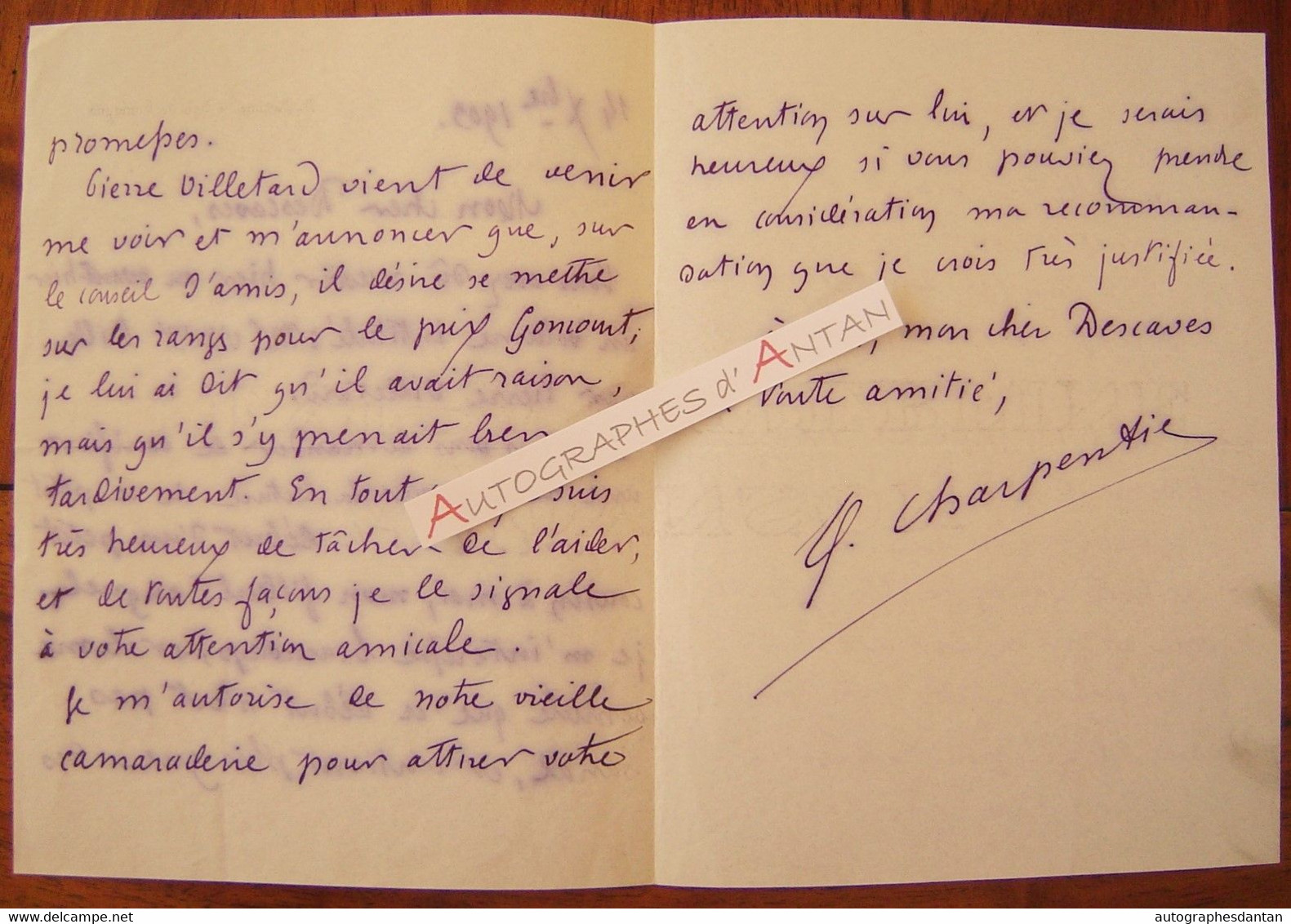● L.A.S 1909 Gustave CHARPENTIER Compositeur à Lucien DESCAVES Ecrivain - VILLETARD Goncourt Dieuze Lettre Autographe - Zangers & Muzikanten