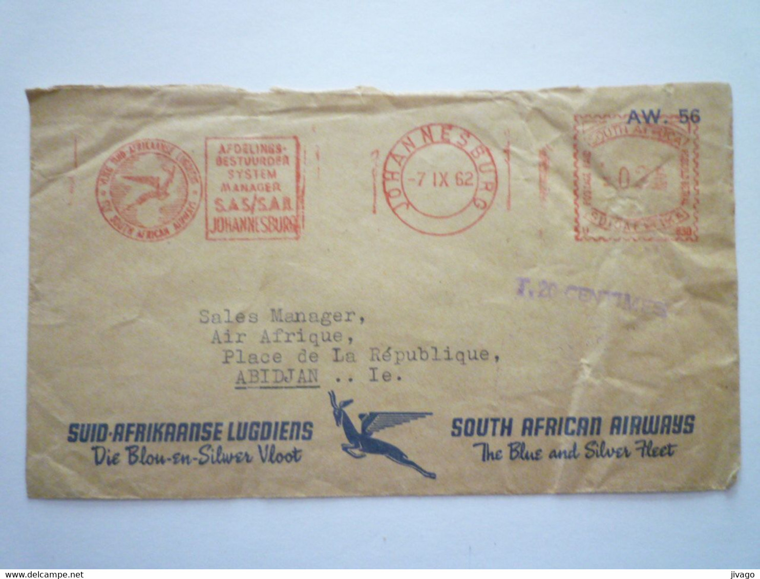 2022 - 4504  Enveloppe Au Départ De JOHANNESBURG  à Destination De ABIDJAN  1962  Oblitération Mécanique  XXX - Lettres & Documents