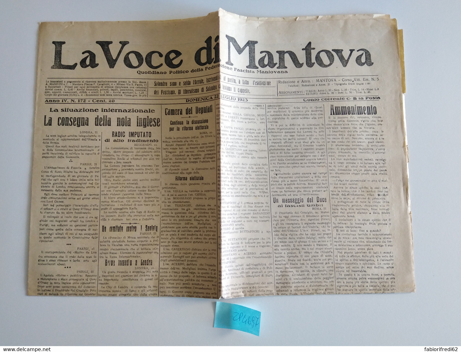 GIORNALE 1923 LA VOCE DI MANTOVA (ZP4697 - Altri & Non Classificati