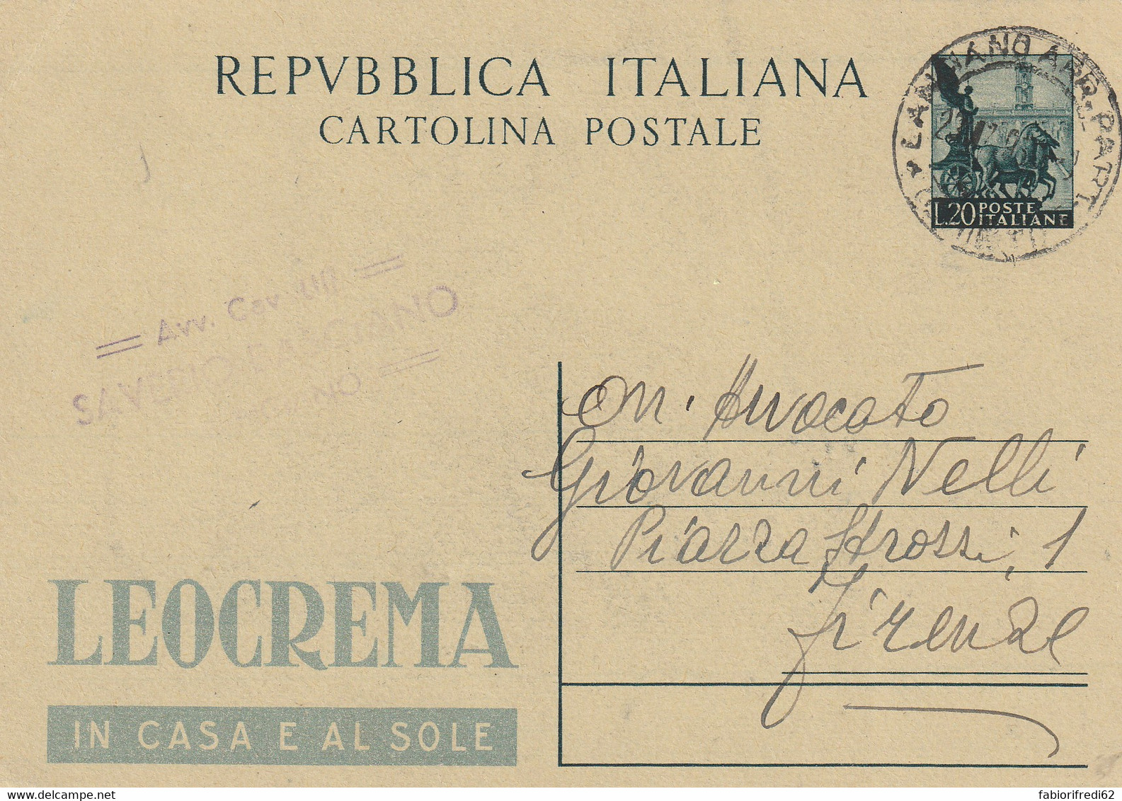 INTERO POSTALE 1951 LEOCREMA QUADRIGA L.20 TIMBRO LANCIANO (ZP4867 - Interi Postali