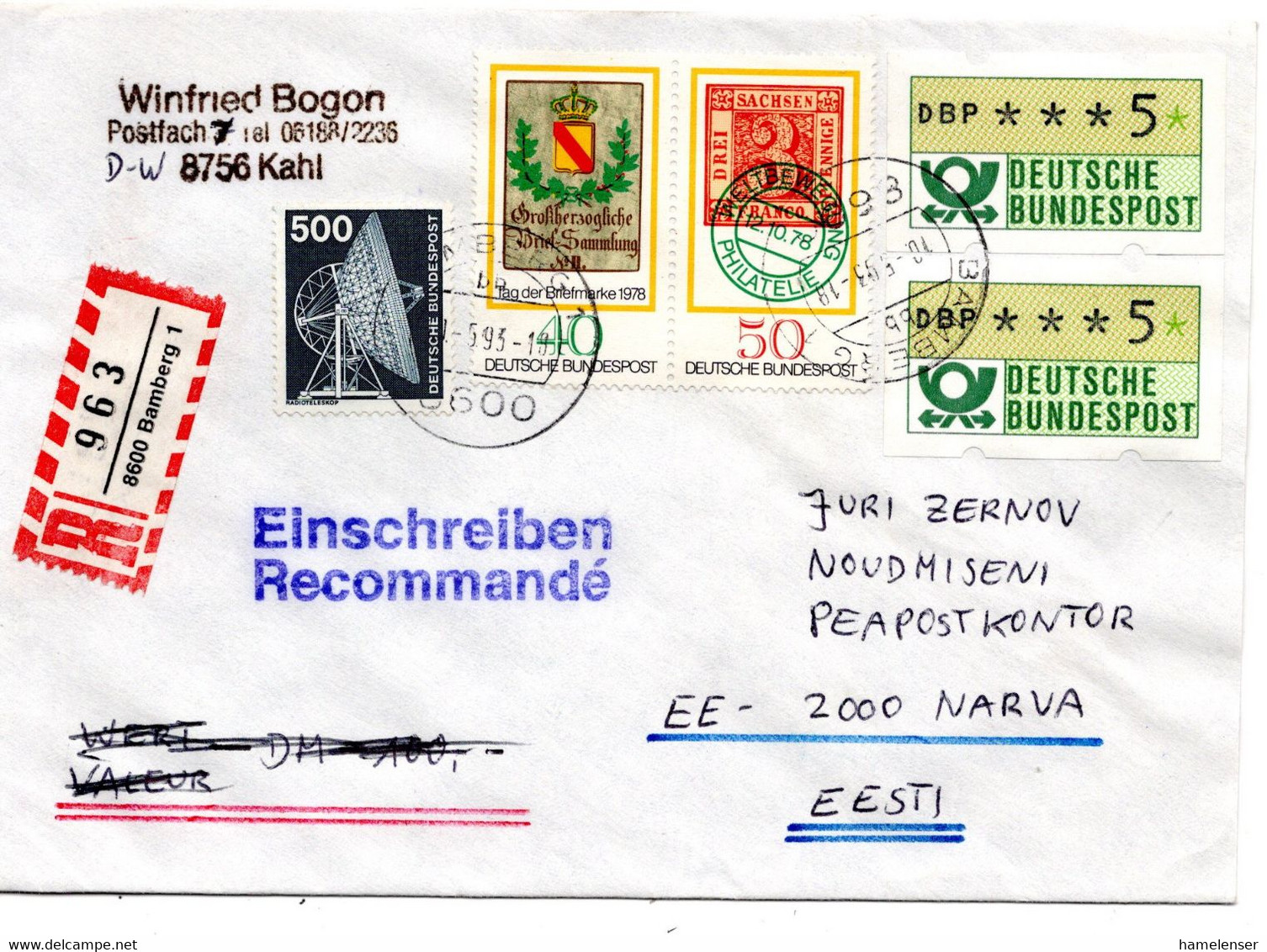 62231 - Bund - 1993 - 500Pfg I&T MiF A R-Bf BAMBERG -> NARVA (Estland), Rs M Estn Aufkleber - Estonia