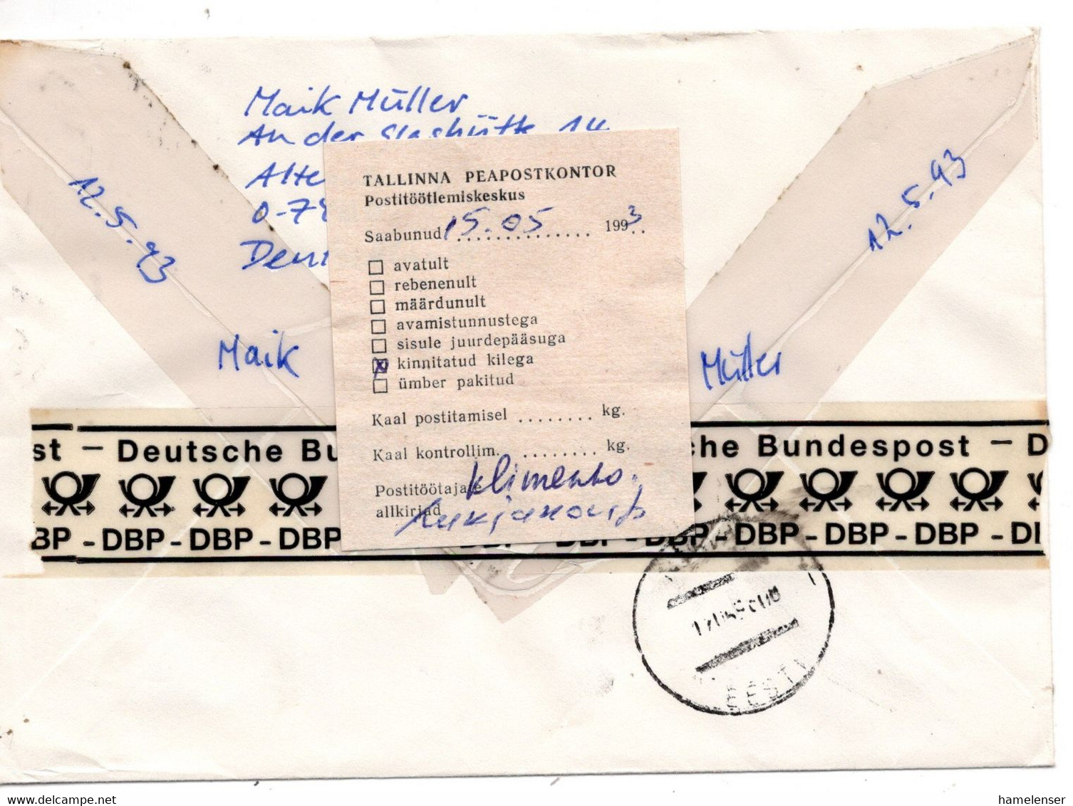 62232 - Bund - 1993 - 300Pfg Hensel MiF (teils Ungueltig) A R-Bf LEIPZIG -> NARVA (Estland), Rs M Estn Aufkleber - Estonie