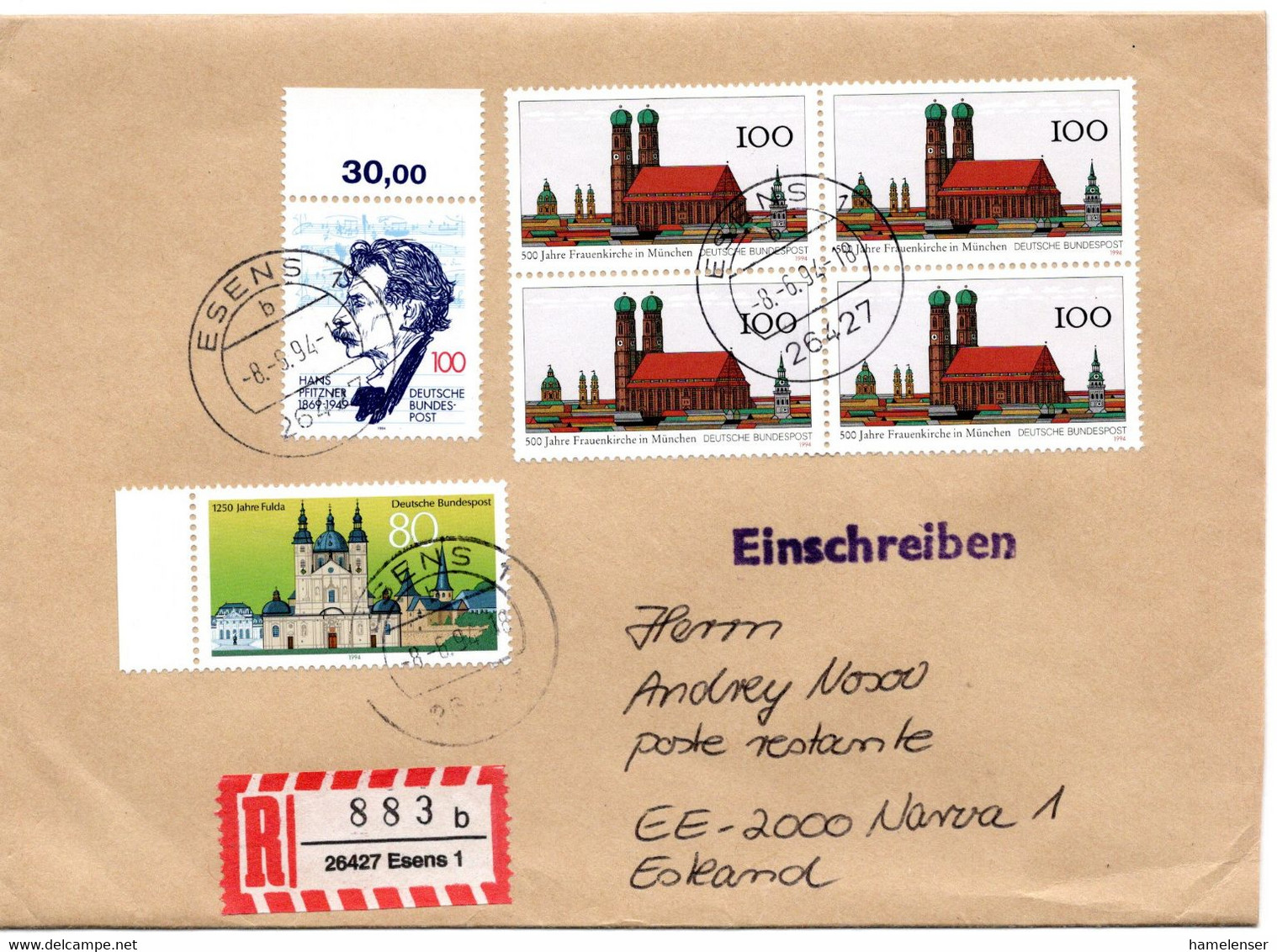 62233 - Bund - 1994 - 100Pfg Frauenkirche 田 MiF A R-Bf ESENS -> NARVA (Estland), Rs M Estn Aufkleber - Estonia