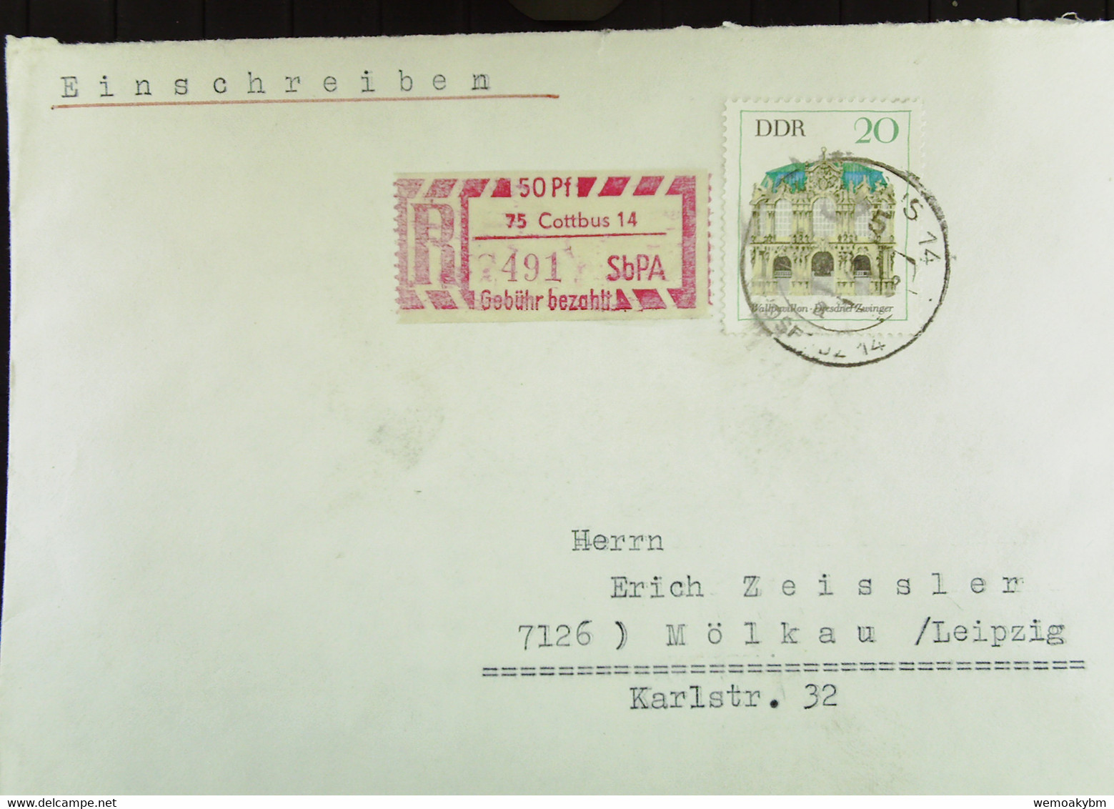 DDR: R-Fern-Brf Mit Selbstbed.-R-Zettel 50 Pf 75 Cottbus 14 (491)-mit Einliefgschein 31.3.69 Mit 20 Pf Dresdner Zwinger - Etiquetas De Certificado