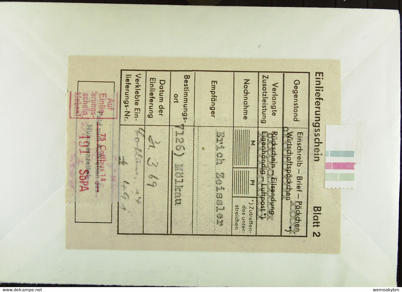 DDR: R-Fern-Brf Mit Selbstbed.-R-Zettel 50 Pf 75 Cottbus 14 (491)-mit Einliefgschein 31.3.69 Mit 20 Pf Dresdner Zwinger - Etiquetas De Certificado