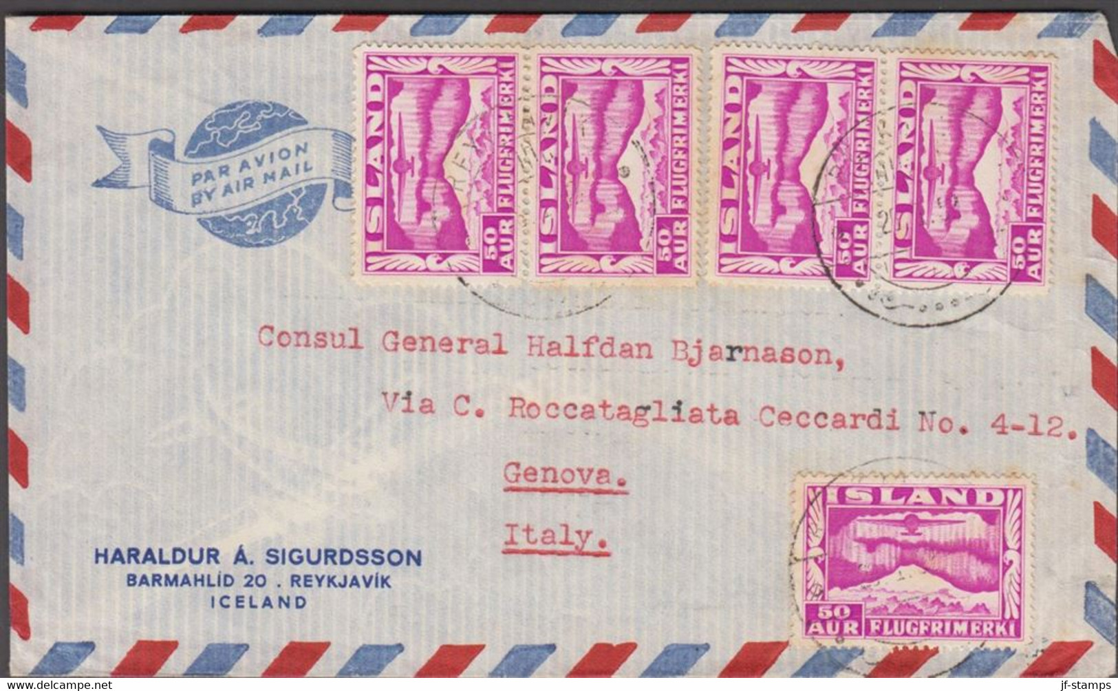 1934. ISLAND. Air Mail. 50 Aur Redlilac. Perf. 14 FLUGFRIMERKI.  2 Pairs + One Single Stamp ... (Michel 178A) - JF526558 - Covers & Documents