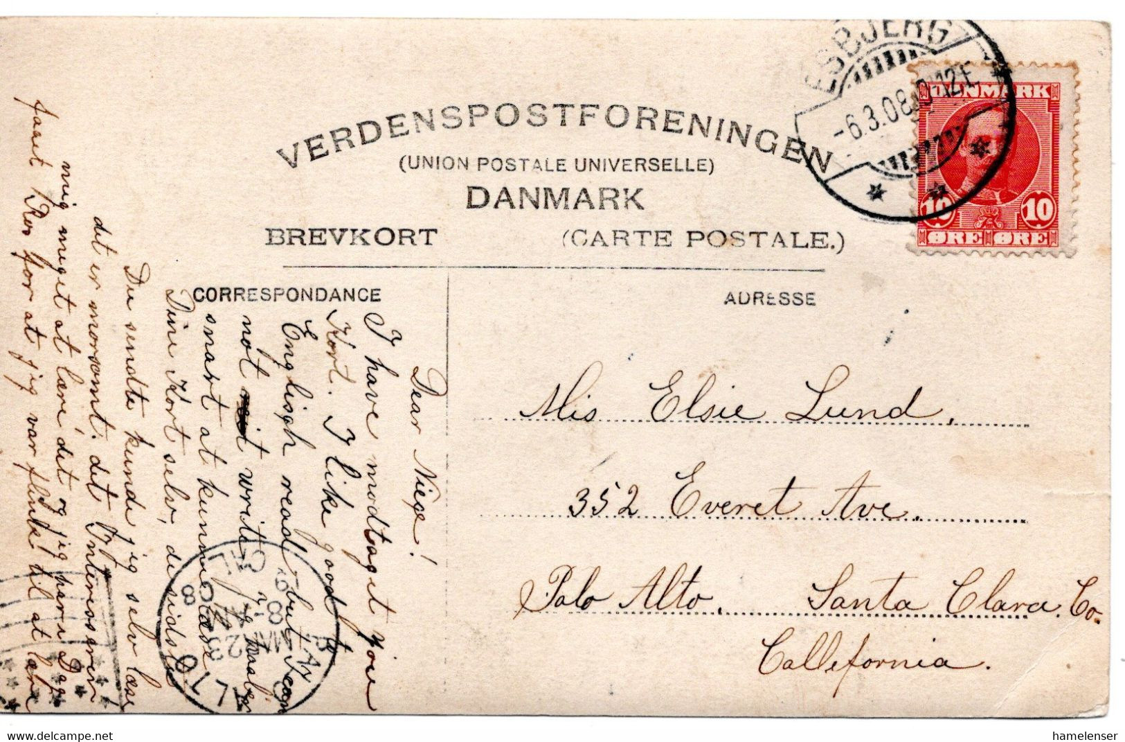 62239 - Daenemark - 1908 - 10o Frederik VIII EF A AnsKte ESBJERG -> PALO ALTO CA (USA) - Brieven En Documenten