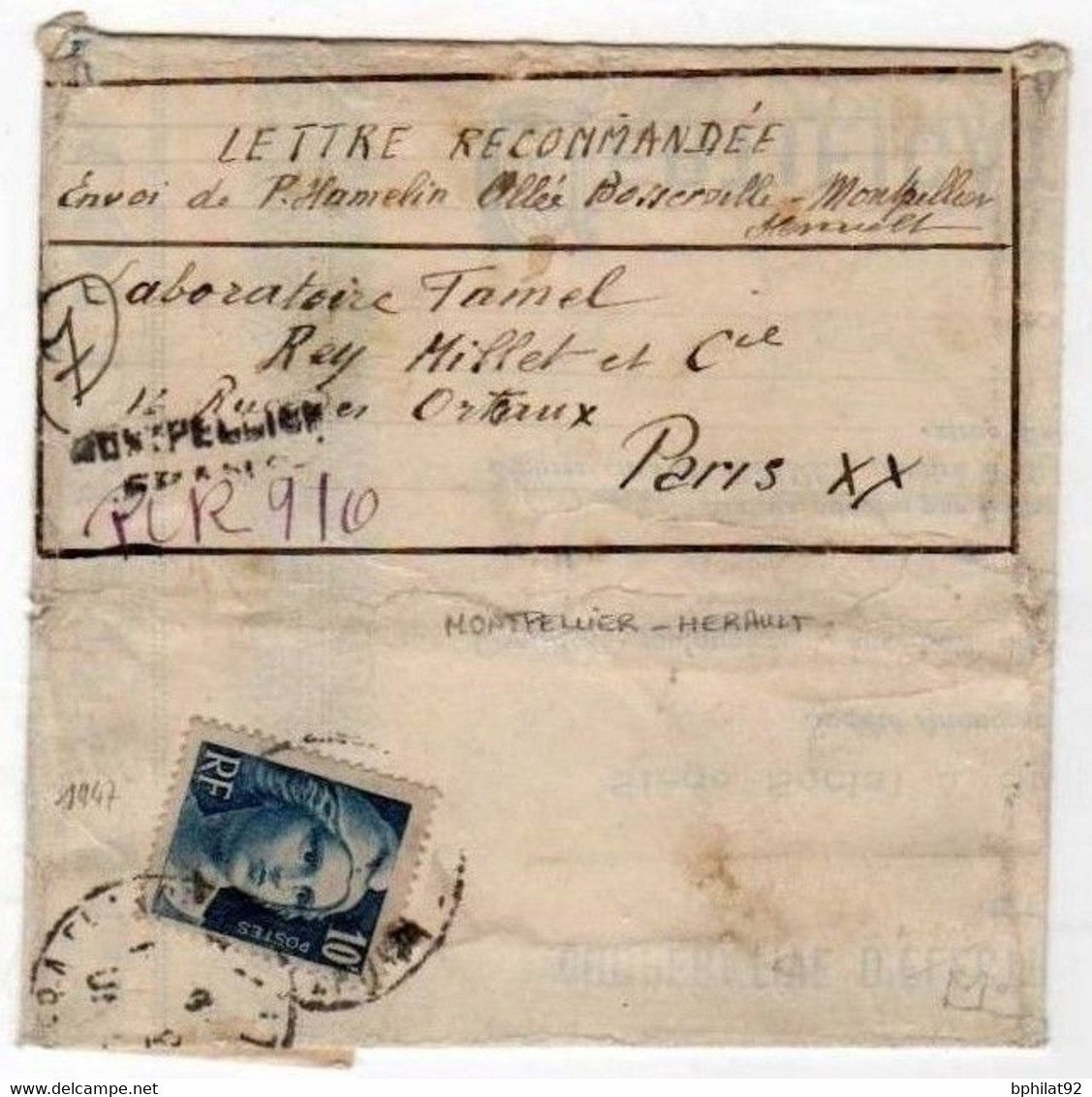 !!! 10 F MARIANNE DE GANDON SEUL SUR LETTRE RECOMMANDEE - 1945-54 Marianne De Gandon