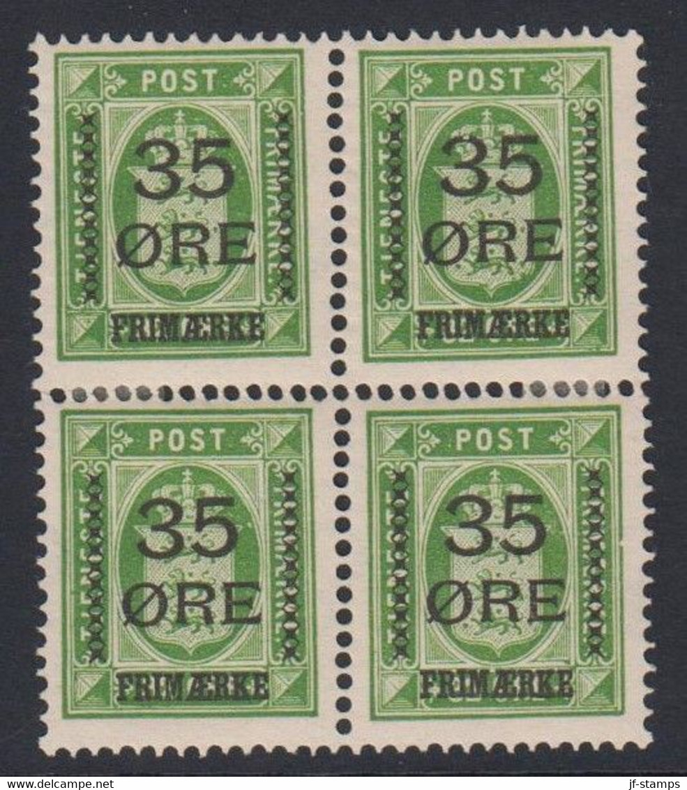 1912. DANMARK. Surcharge. 35 Øre On 32 Øre Green Official Stamp In Beautiful Block Of Four Hin... (Michel 62) - JF526593 - Ongebruikt