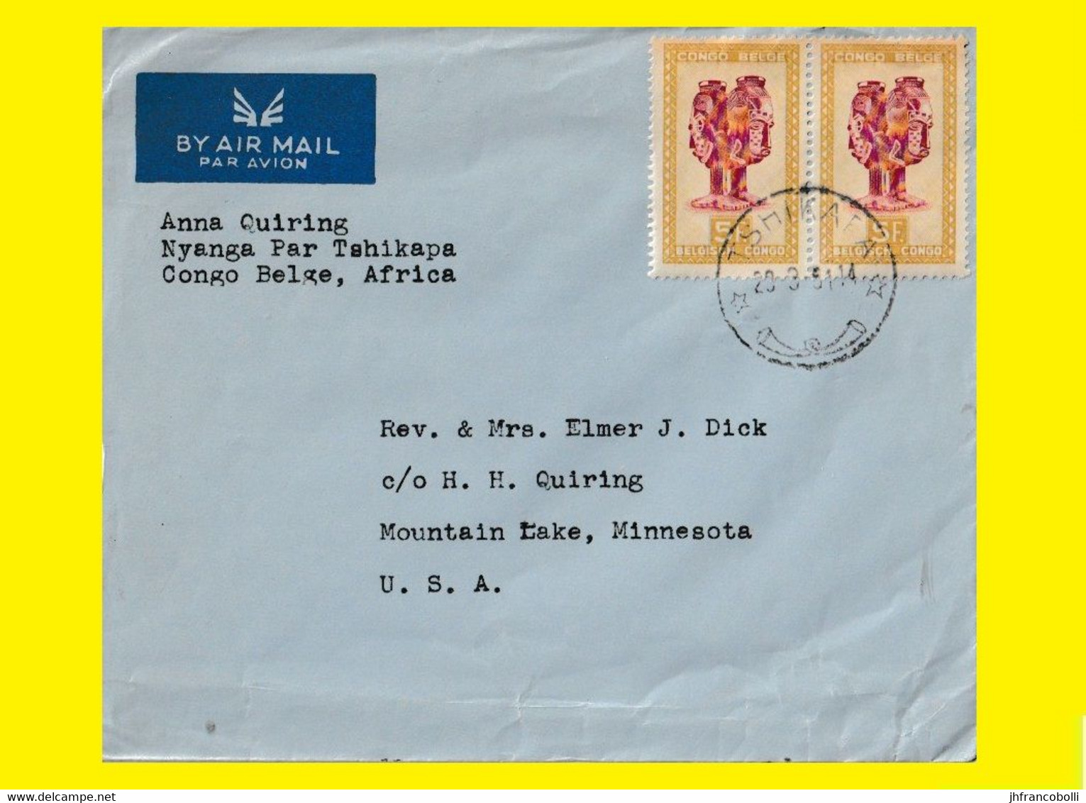 1951 TSHIKAPA  BELGIAN CONGO / CONGO BELGE =  LETTER WITH COB 290  STAMPs MAILED TO USA = MOUNTAIN LAKE - Errors & Oddities