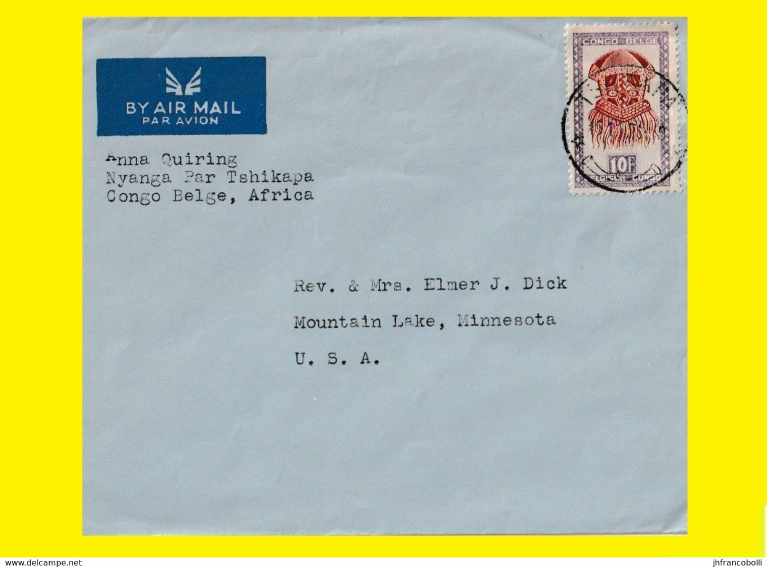 1955 TSHIKAPA  BELGIAN CONGO / CONGO BELGE =  LETTER WITH COB 292 STAMP MAILED TO USA = MOUNTAIN LAKE - Variedades Y Curiosidades