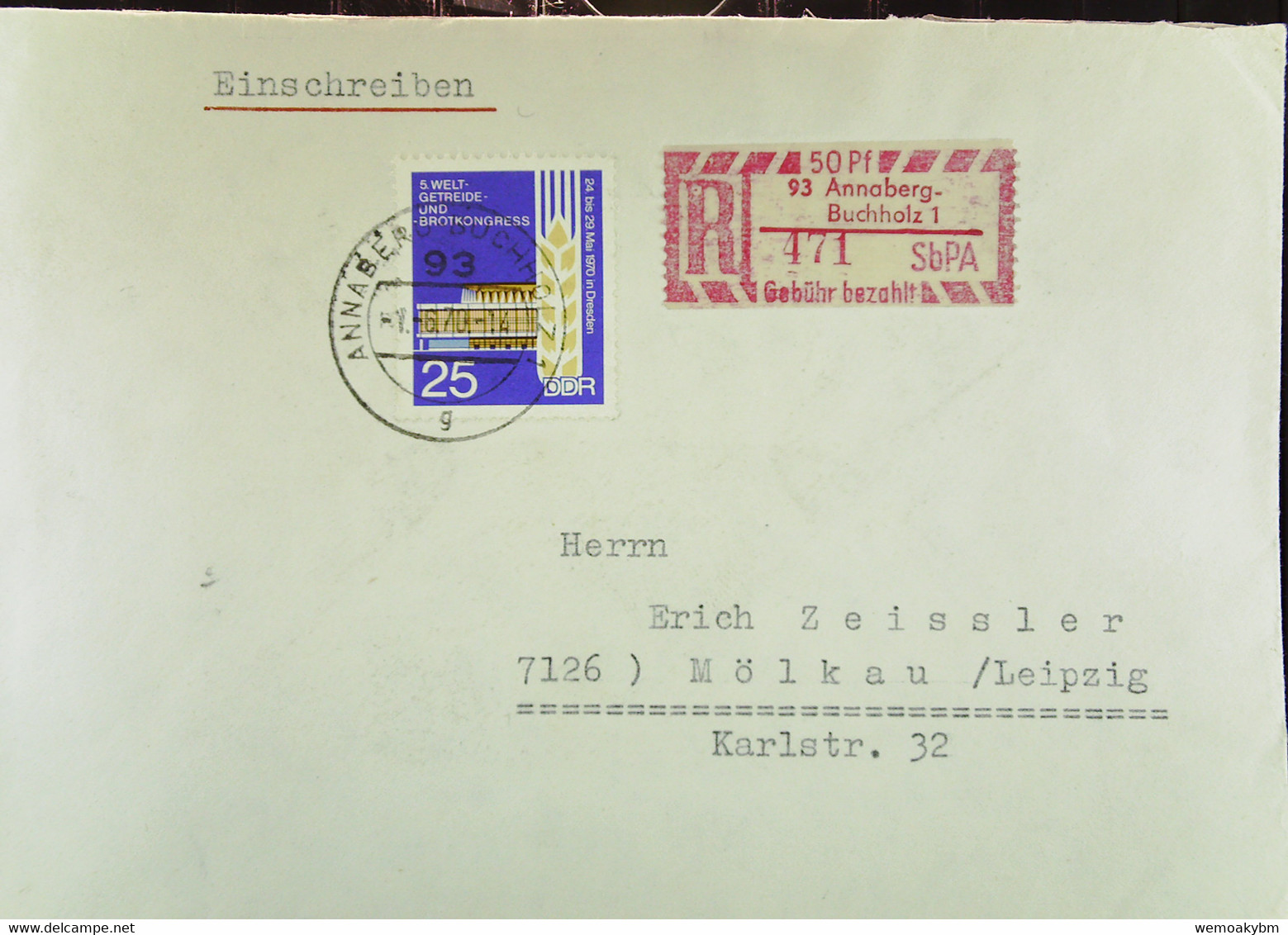 DDR: R-Fern-Brf Mit Selbstbed.-R-Zettel 50 Pf 93 Annaberg-Buchholz1(471)-mit Einliefgschein 1.6.70 Mit 25 Pf Ähre Aus Zd - Etichette Di Raccomandazione