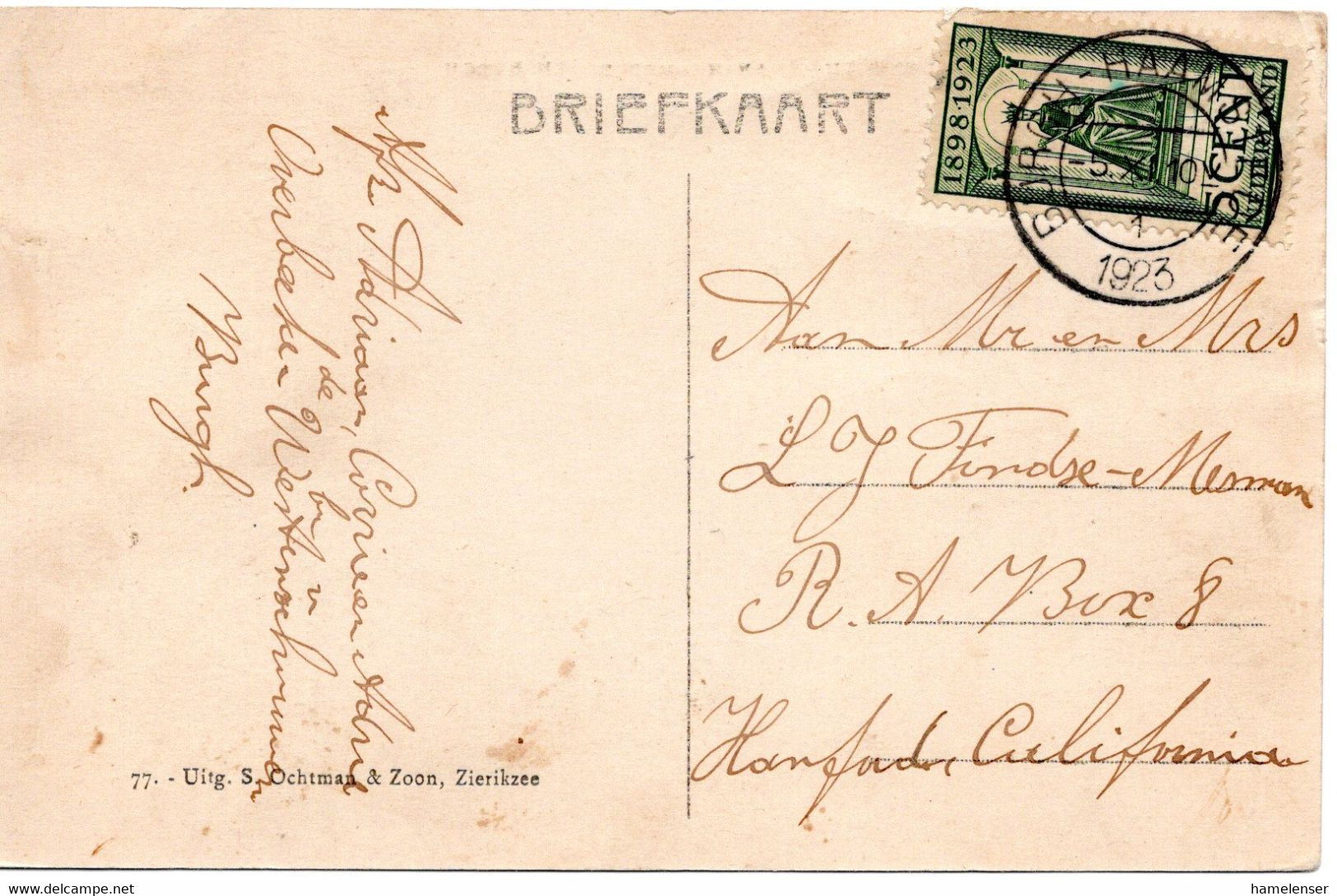 62259 - Niederlande - 1923 - 5c 25-Jahrfeier EF A AnsKte BURGH-HAAMSTEDE  -> Harford, CA (USA) - Covers & Documents